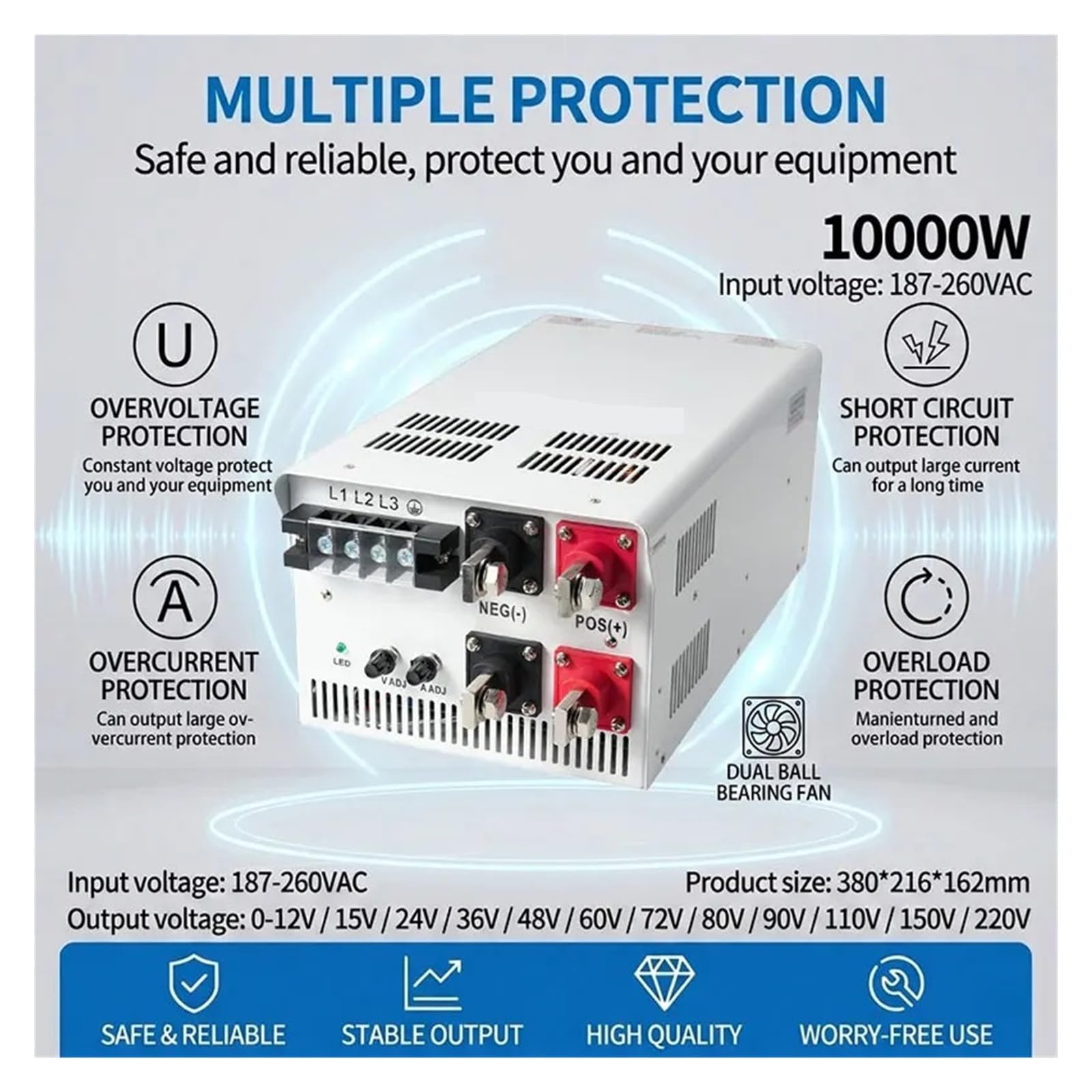 10000W regulowany zasilacz impulsowy DC AC-DC 12V 24V 48V 36V 60V 72V 80V 110V 220V 600V CC CV przemysłowy Adapter sterownika do urządzeń przemysłowych(180-264VAC,0-150V 0-90.9A)
