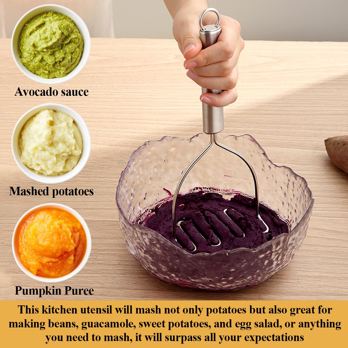 Prensa patatas 2 piezas, Kyraton Acero Inoxidable Prensapatatas resistente Herramienta de esenciales de cocina Utensilios para aguacate, patatas, frijoles, carne, verduras.