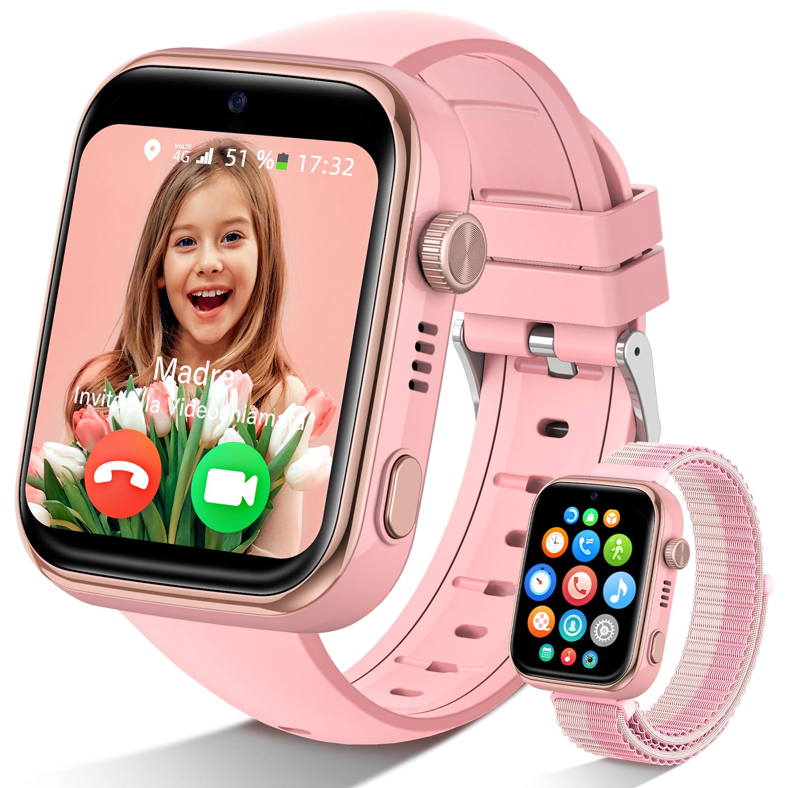 AKUMAKA Reloj Inteligente Niña 4G, IP68 Impermeable Smartwatch Niña con GPS y Llamadas, Videollamada, Whatsapp, SOS, Modo Clase, 5 Modos Deportivos, Podómetro, Reloj Inteligente Niña con SIM, Rosa