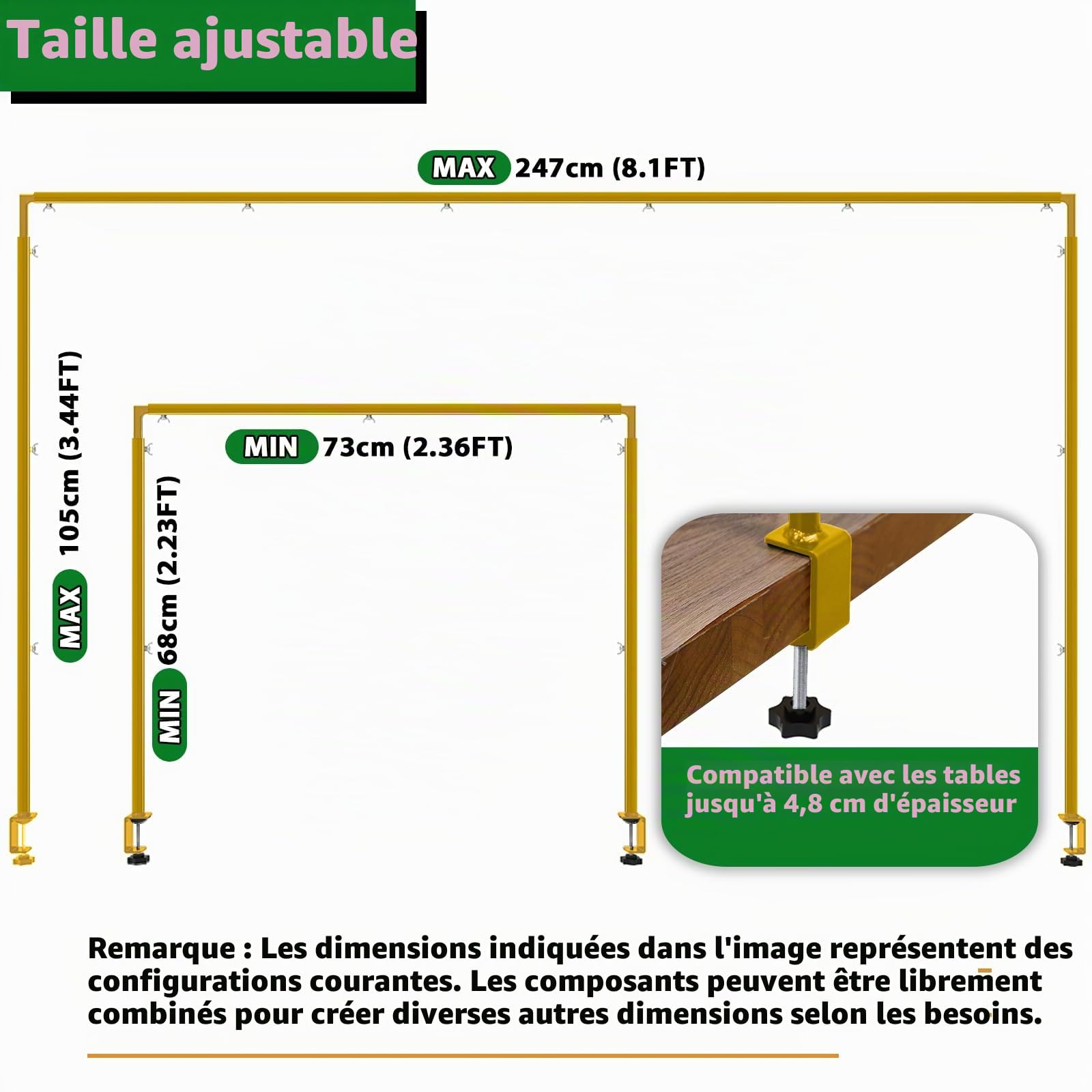 Arche de table réglable avec pinces - Tige décorative de table pour ballons, pour mariage, anniversaire et Noël (Longueur 73-247 cm, Hauteur 68-105 cm, Or)