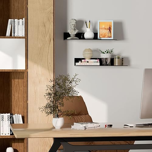 Miniatura 2 de Paquete de 2 estantes de pared acrílicos de 17 pulgadas, estante flotante en forma de L negro, estantes de exhibición de pared de plexiglás para