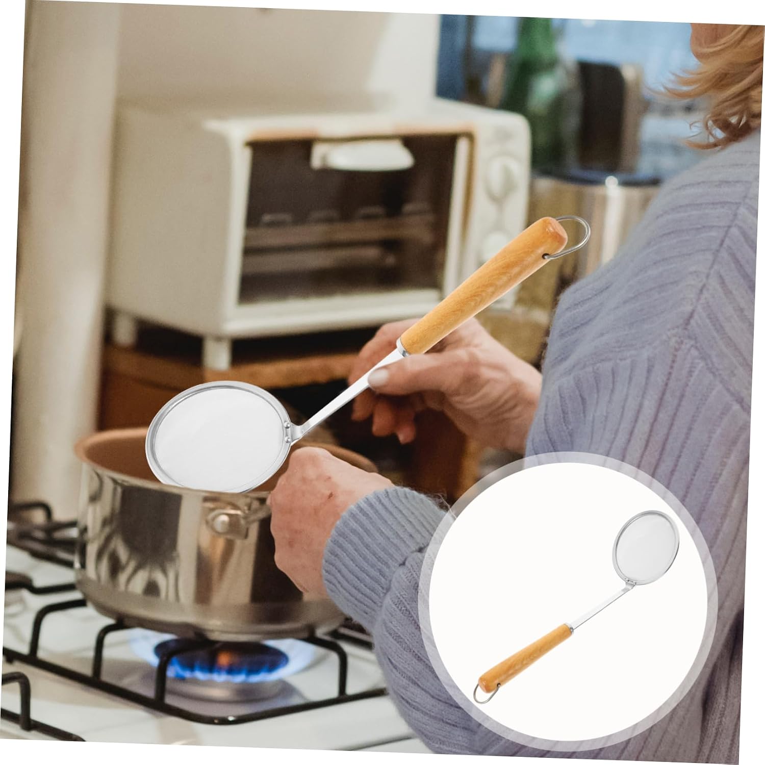 KICHOUSE Stainless Steel Fine Mesh Strainer Wooden Handle Essential Kitchen Utensil for Draining Oils Grease and Food for Home Cooking and Restaurant Use image 4