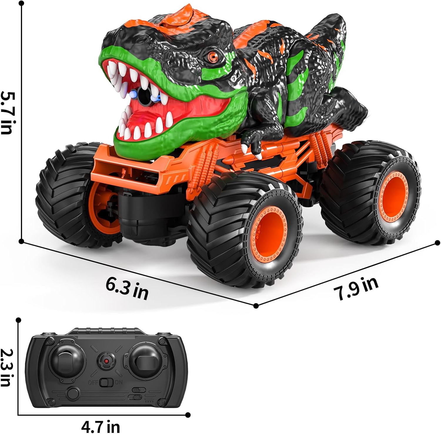 TEMI Remote Control T-rex Truck for Kids 3-5 Years, 1:24 Scale Monster Truck with Roar, Light and Mist Spray, High Speed Off Road Dinosaur Truck with Rechargeable Battery, Gift for Boys 3+