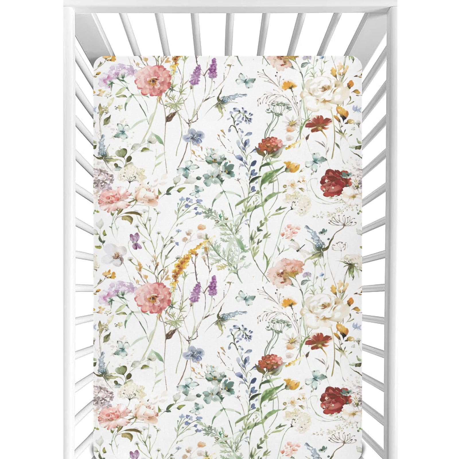 CaTaKu Wildflower Boho Mini Crib Sheets for Girls Boys Baby Mattress Sheets Fitted, Soft Toddler Nursery Bed Sheets Neutral 28"x 52"