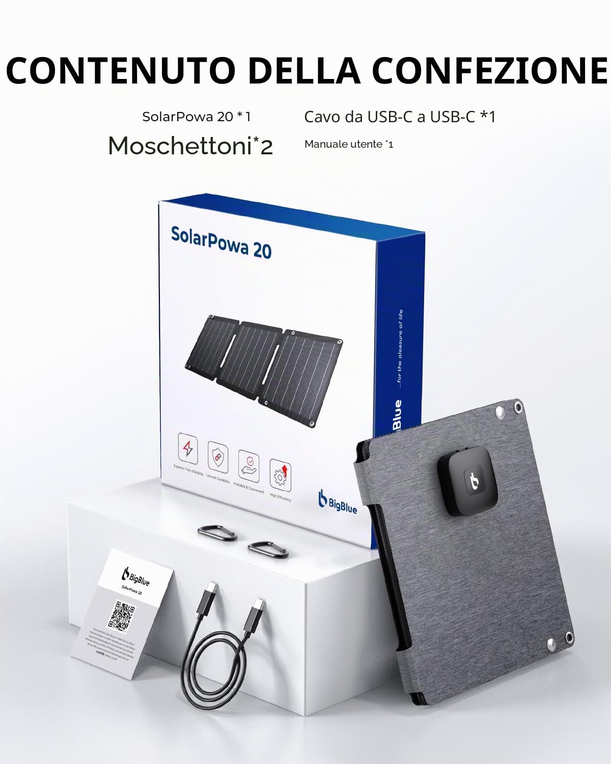 Caricabatterie Solare da 21W (5V/4,2A), BigBlue Caricatore Solare Portatile con USB-A e USB-C, Impermeabile IP68 Pannello Solare para Camping, Compatibile con Cellulare, Batteria Esterna ecc.