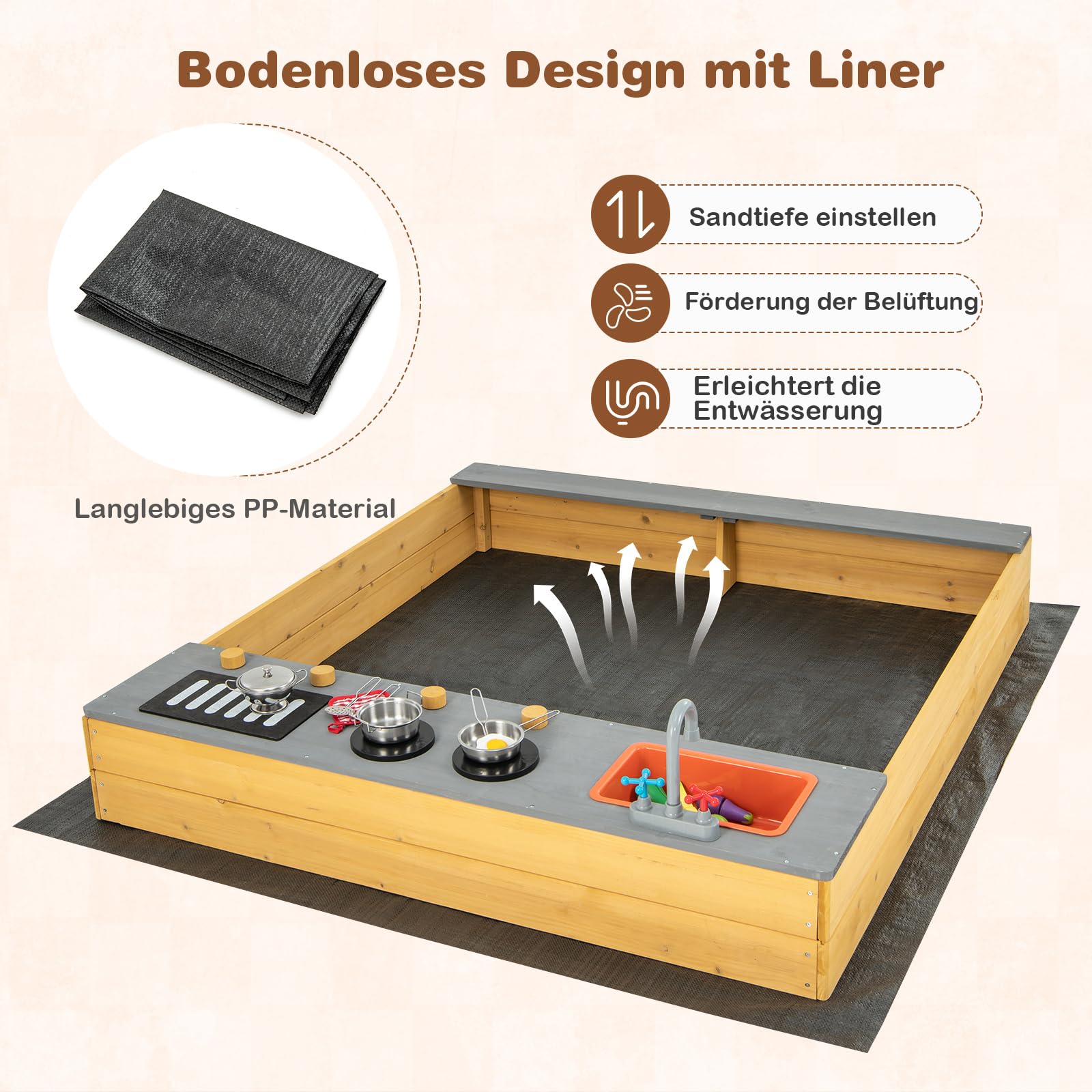 COSTWAY Sandkasten aus Massivholz, Sandkiste mit 9 Küchenzubehör & Wasserhahn & Waschbecken, Sandbox inkl. Bodenplane, Kindersandkasten Outdoor für Garten Strand Balkon
