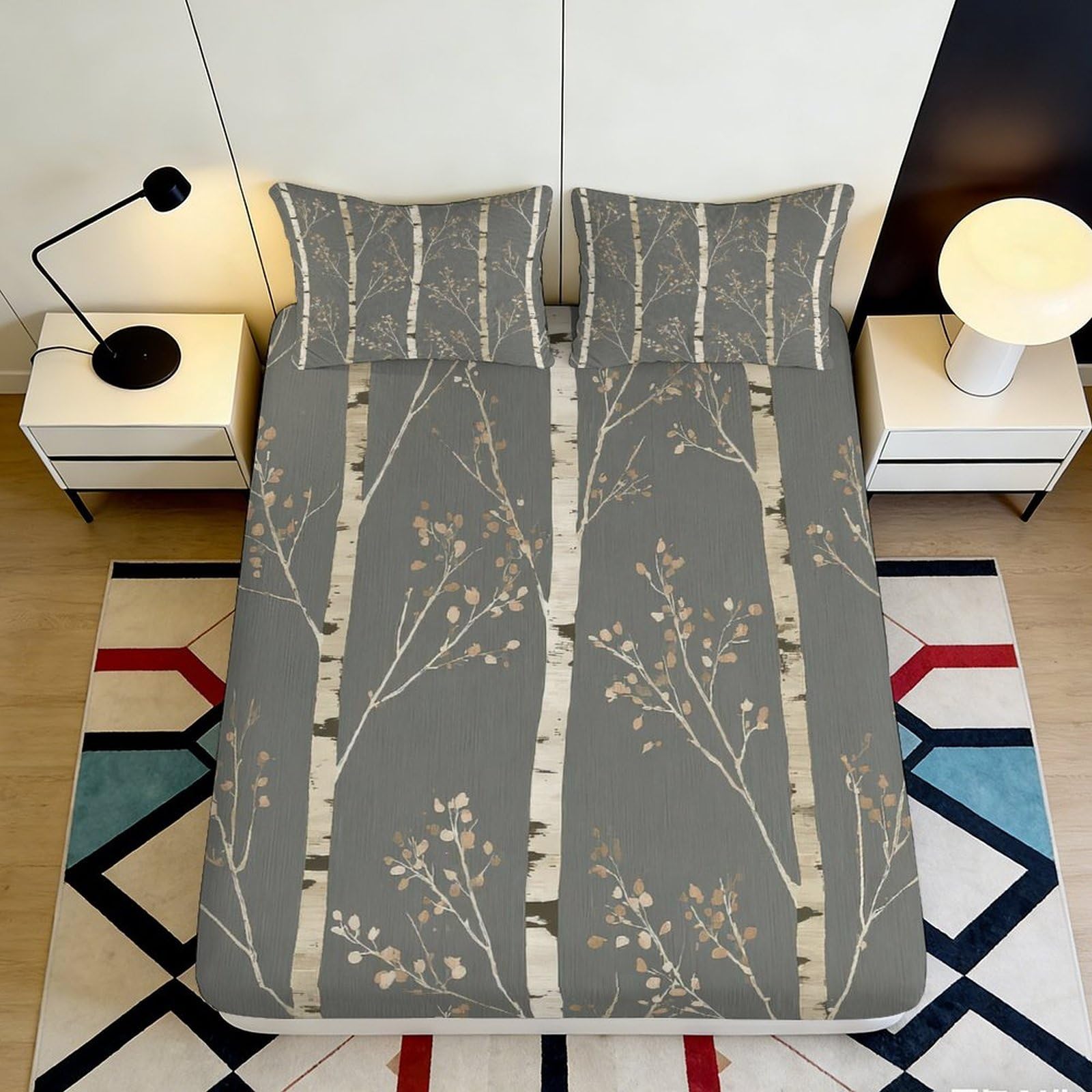 3D Printed Birch Tree Fitted Sheet Microfiber Soft Durable Floral Branch Bed Cover Grey Mattress Cover for Bedroom Dormitory Guest Room Protection 160x200x25cm