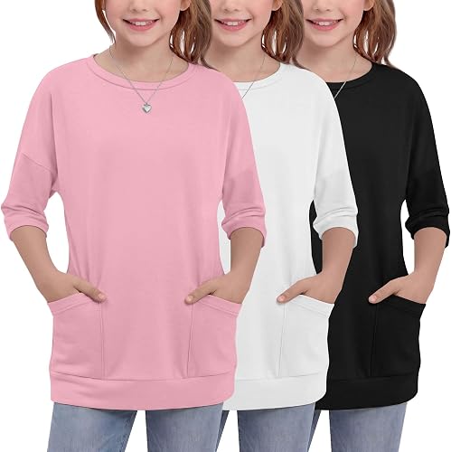 Mumucove 3 Pack Girls 3/4 Sleeve T Shirts, 3-Color, 11-12 Years
