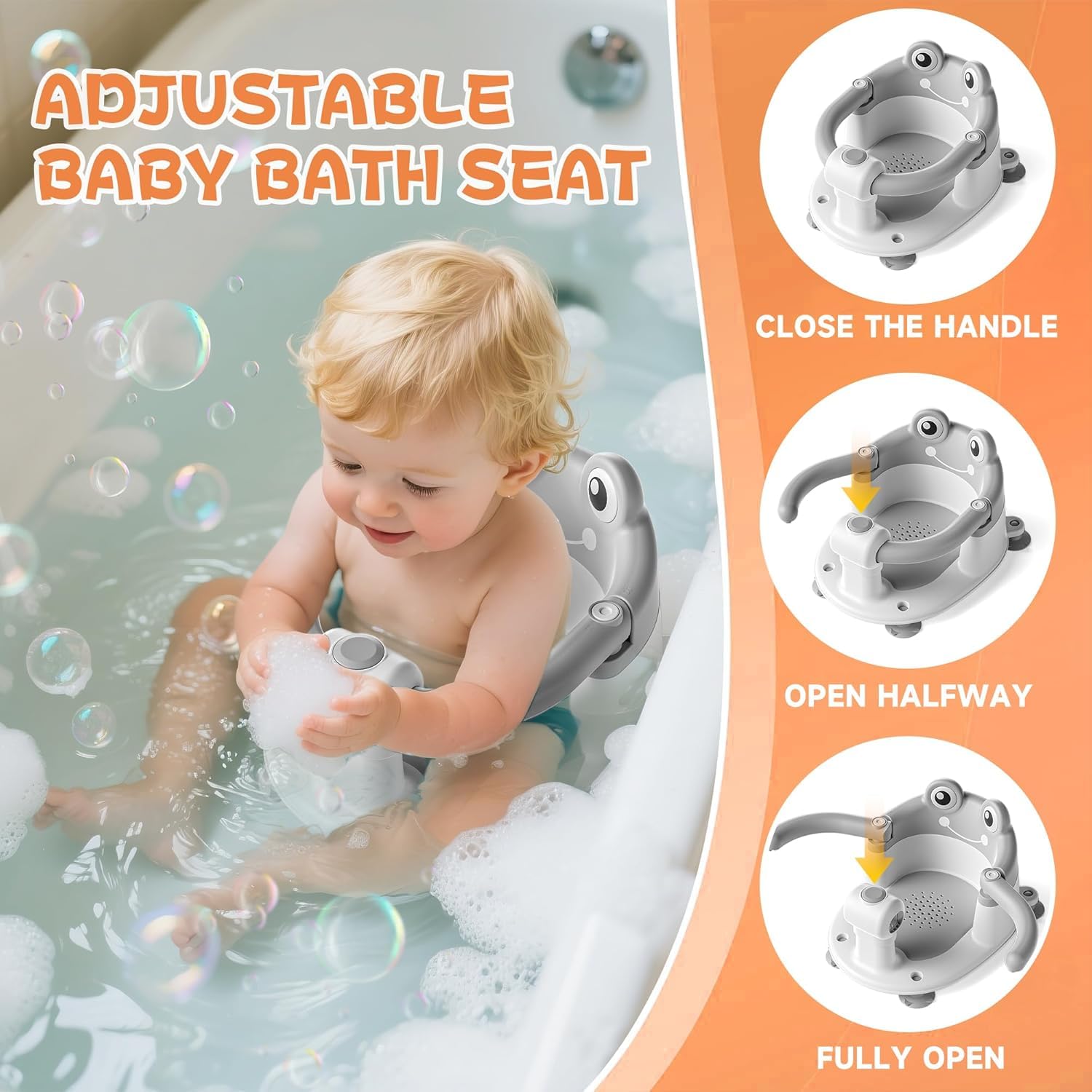 Asiento de Baño para Bebé 6-24 Meses, Silla Baño Bebe con 4 Fuertes Ventosas, silla de baño portátil para ducha o bañera, Respaldo Ergonómico, Regalo para Recién Nacidos y Nuevas Madres