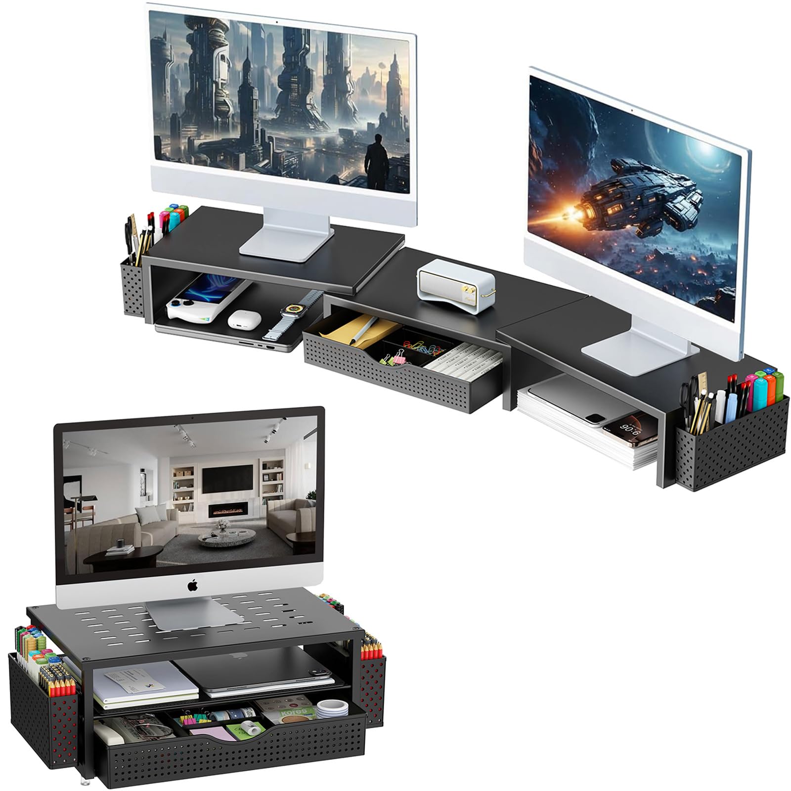 gianotter Dual Monitor Stand Riser + Monitor Stand with Storage (Black)