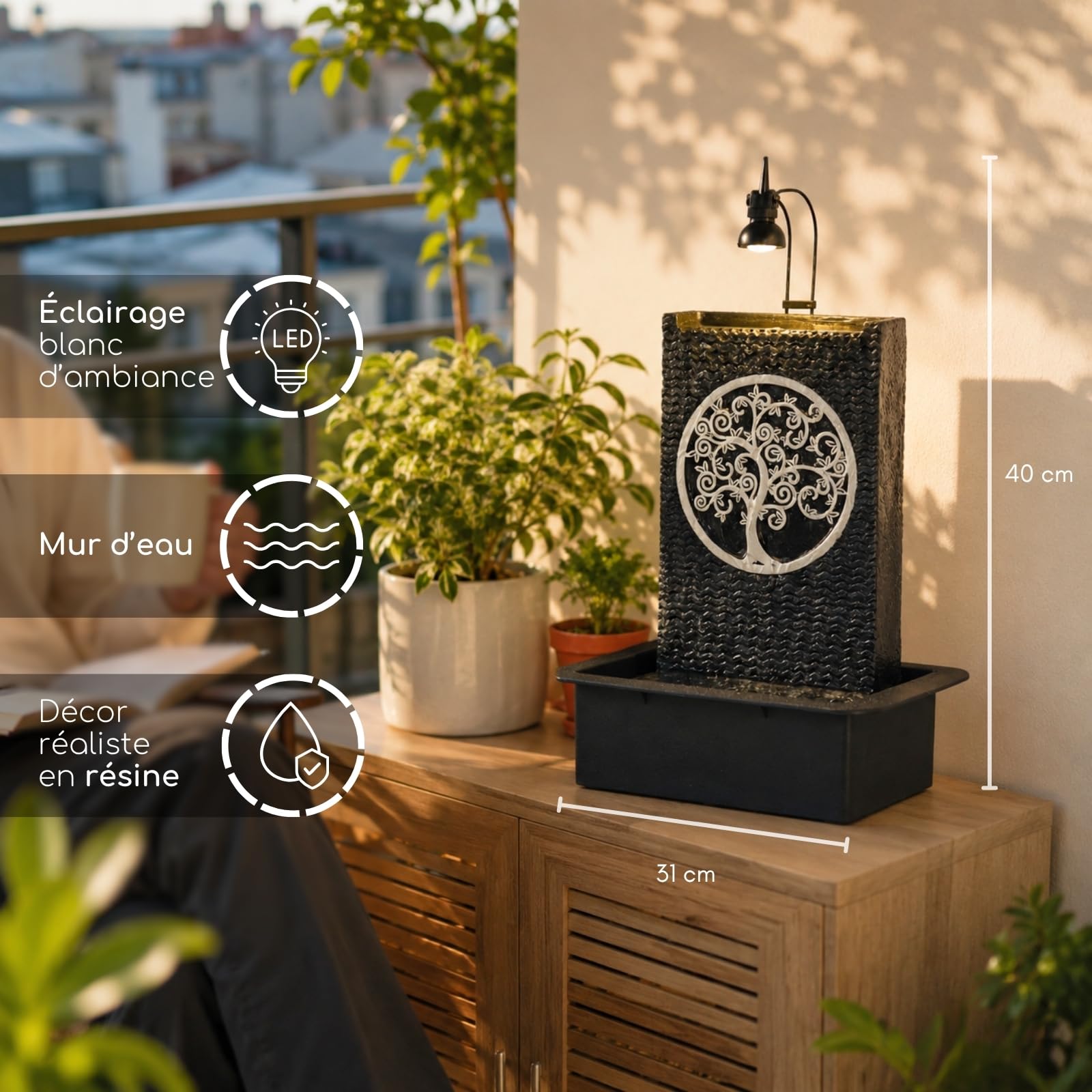 Fontaine d’Intérieur Mur d’Eau Cascade Motif Arbre de Vie Lumière Spot Blanc, Grand Décoration de Table Bureau Salon Chambre, Source de Zenitude Méditation Relaxation, H 40cm – Arbre de Vie Zen’Light