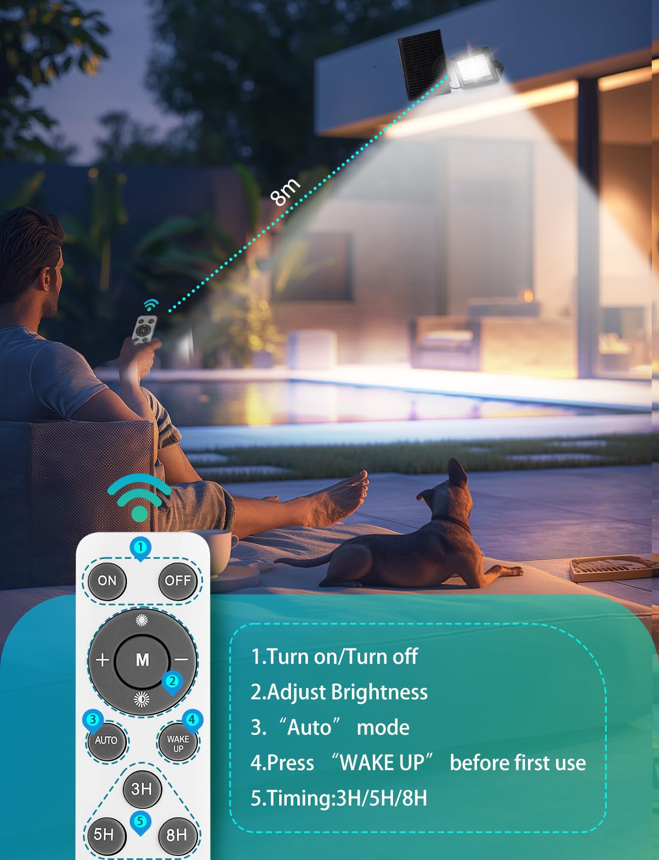 Aigostar Foco Proyector LED Solar 200w, Blanco Frío 6500K, con mando a distancia, Impermeable IP65, Visualización del nivel de batería, con Brillo y Sincronización ajustables para Jardín, 2 pcs