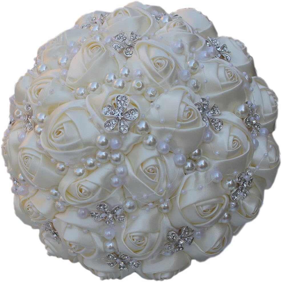 S_SSOY Wedding Bouquet Bride Bridal Brooch Bouquets Bridesmaid Bouquet Diamond Pearl Ribbon Valentine's Day Confession Party Church with Free Corsage Flower, Ivory White