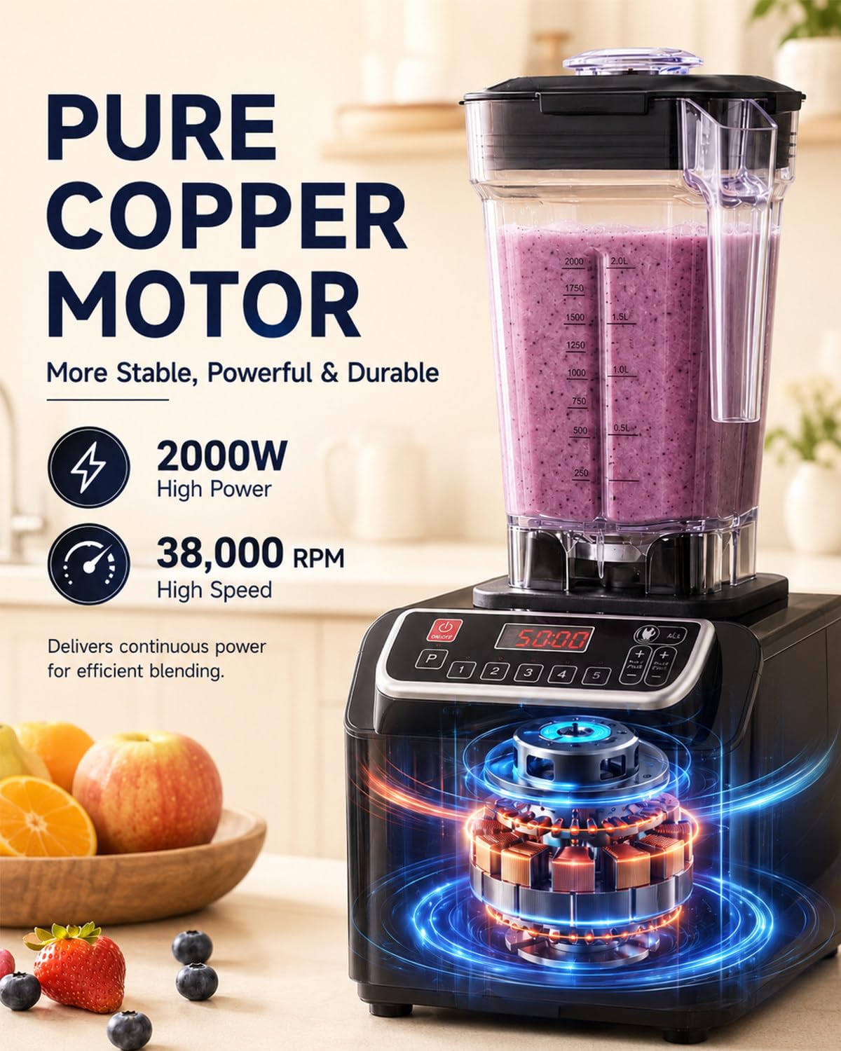 Frullatore Commerciale 2000W, 2L, 38.000 Giri/min, Lame Inox, LED