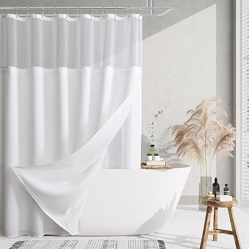 BOODII Juego de cortina de ducha de tela de lino blanco con forro para baño, estilo rústico con ventana superior de malla, resistente 200GSM, tela