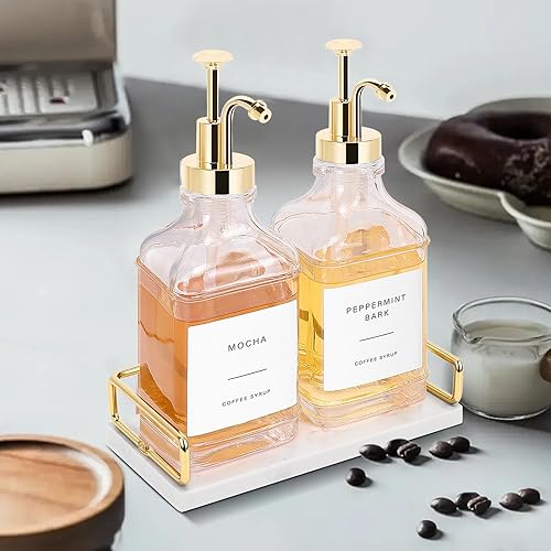 Miniatura 6 de Coffee Syrup Dispenser for Coffee Bar, Clear Glass Syrup Bottles with Pump, Refillable Maple Syrup Storage, Coffee Station Accessories and Oro