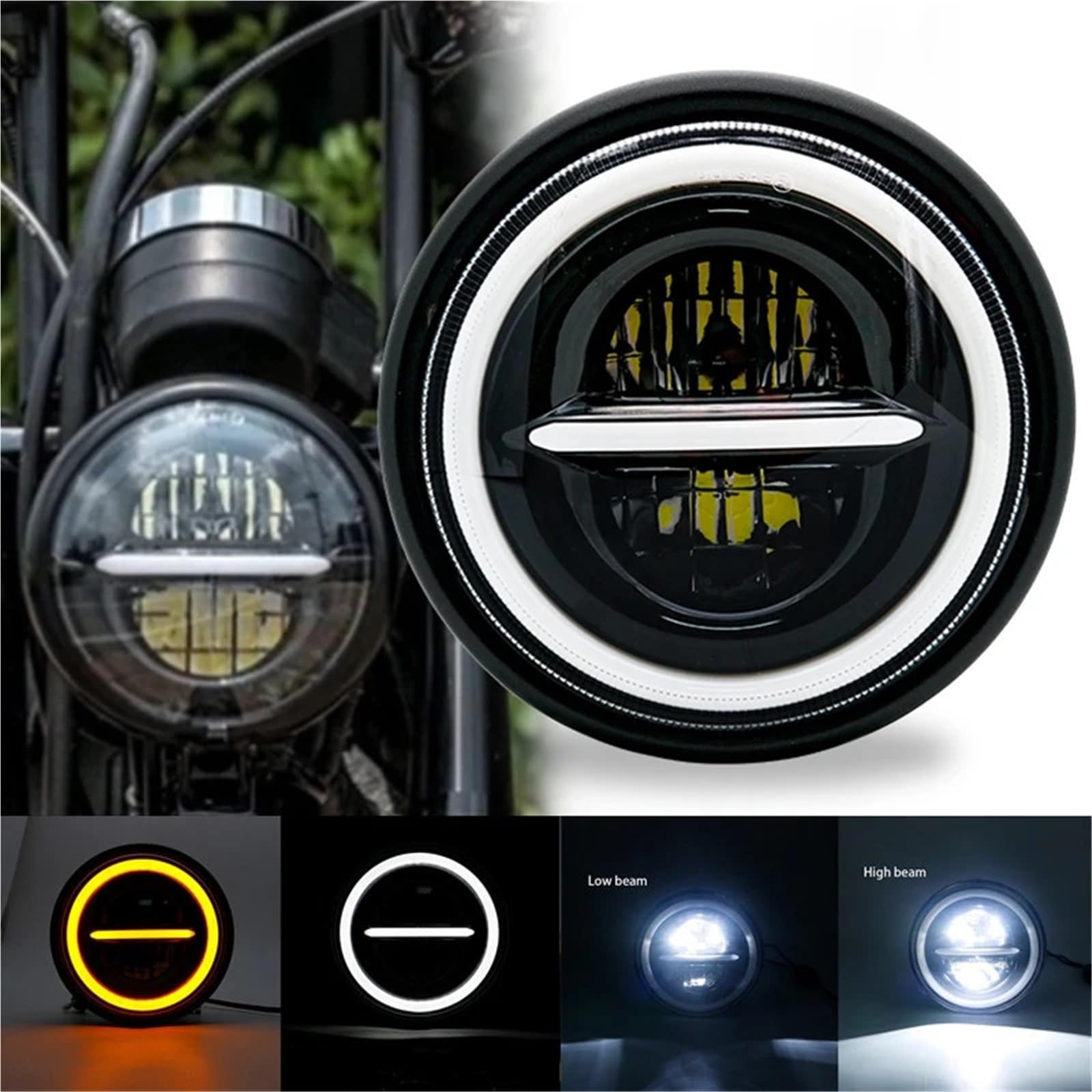 faro motocicleta 7 Inch 50W DOT SAE E9 Motorcycle Headlamp angle eye with DRL turn signal Led Headlight housing bucket(Black)