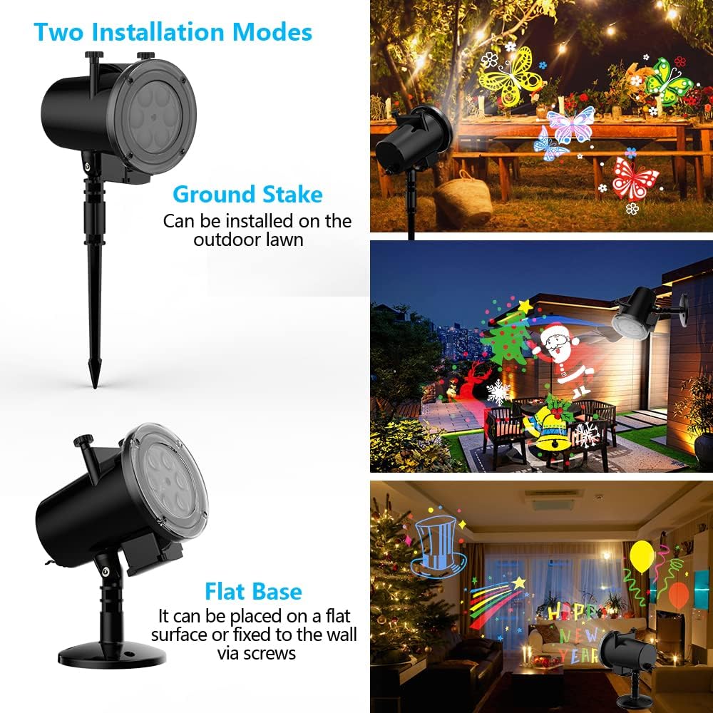 Syslux Holiday Projector Light showing ground stake and flat base installation options.