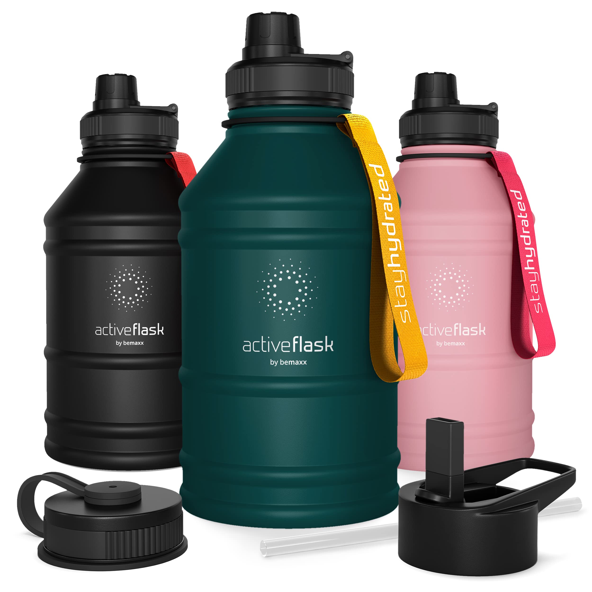 Leakproof Stainless Steel Water-bottle ACTIVE FLASK + Straw (3 Lids) | Large 1.3/2.2 L Capacity Sports Container BPA-free, for Carbonated Drinks, 74 oz XL Training Outdoor Fitness Water Bottle