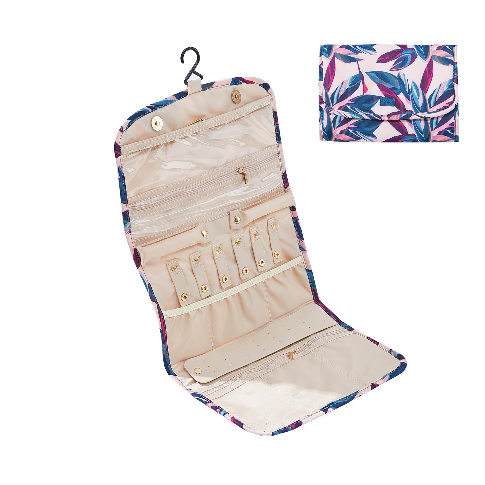 Periea Peach Leaves ‘Cleo’ Travel Jewellery Organiser Roll Foldable Jewelry Case For Journey - Rings, Necklaces, Bracelets, Earrings (, Large)