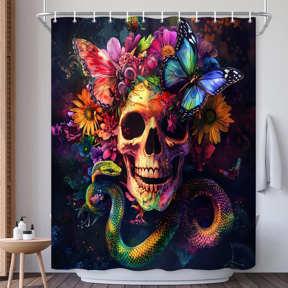 Skull Flower Shower Curtain Halloween Colorful Skeleton Wildflower Butterfly Snake Witchcraft Floral Gothic Theme Bath Decor Polyester Fabric Curtains 90X70 Inch