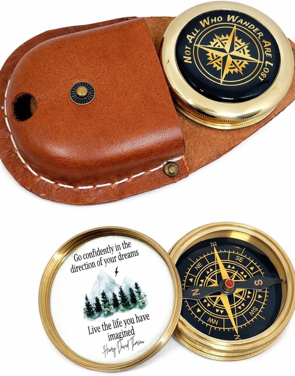 M. A & SONS Not All Those Who Wander are Lost Brass Gift Color Compass with Leather Case, Graduation Day Biptism Communion Confirmation Day Motivation Compass