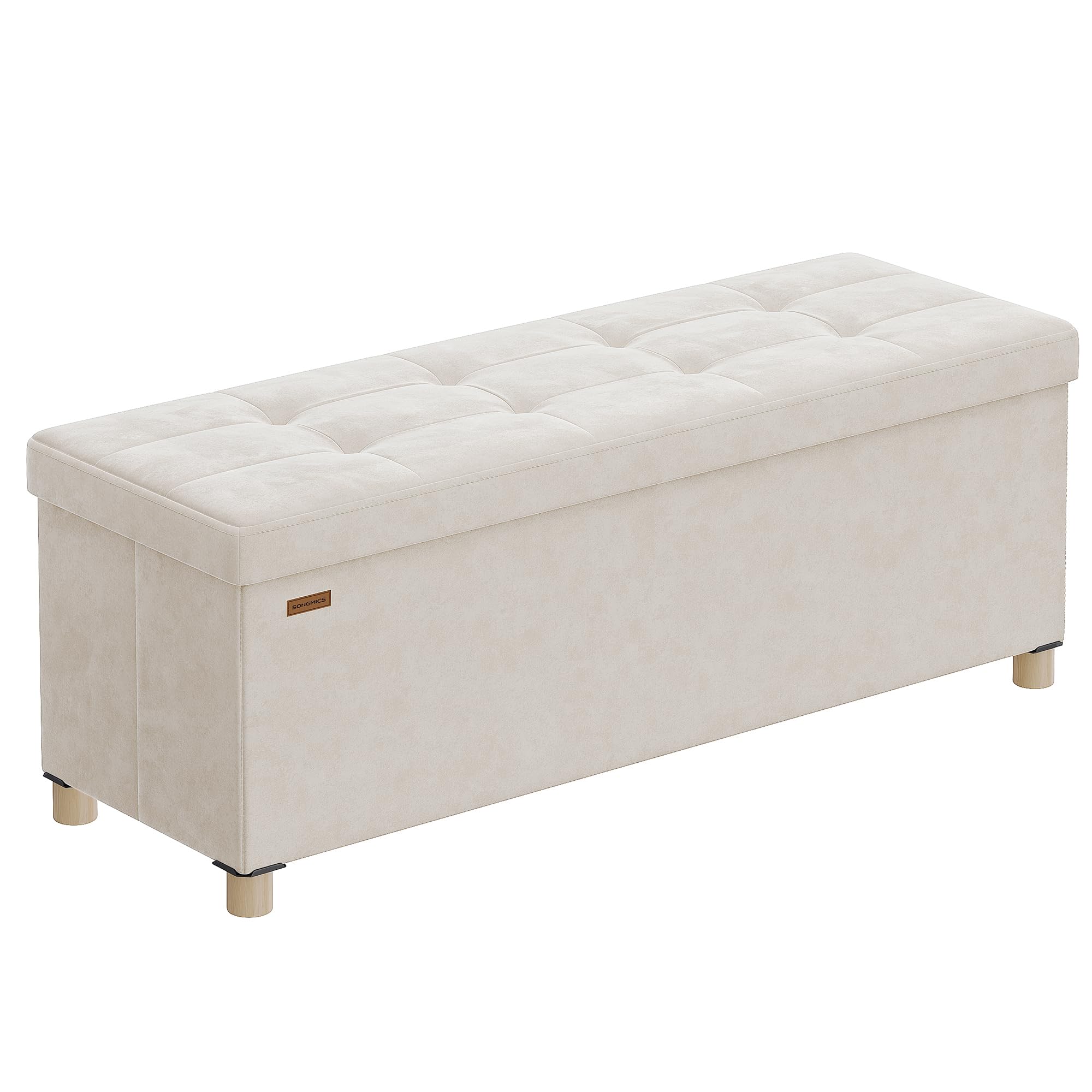 SONGMICS Storage Ottoman Bench, Folding Storage Chest, 15 x 43.3 x 15.7 Inches, Foot Rest Stool, 30 Gal. (112 L), Velvet Surface, for Bedroom, Entryway, Living Room, Cappuccino Beige ULSF051