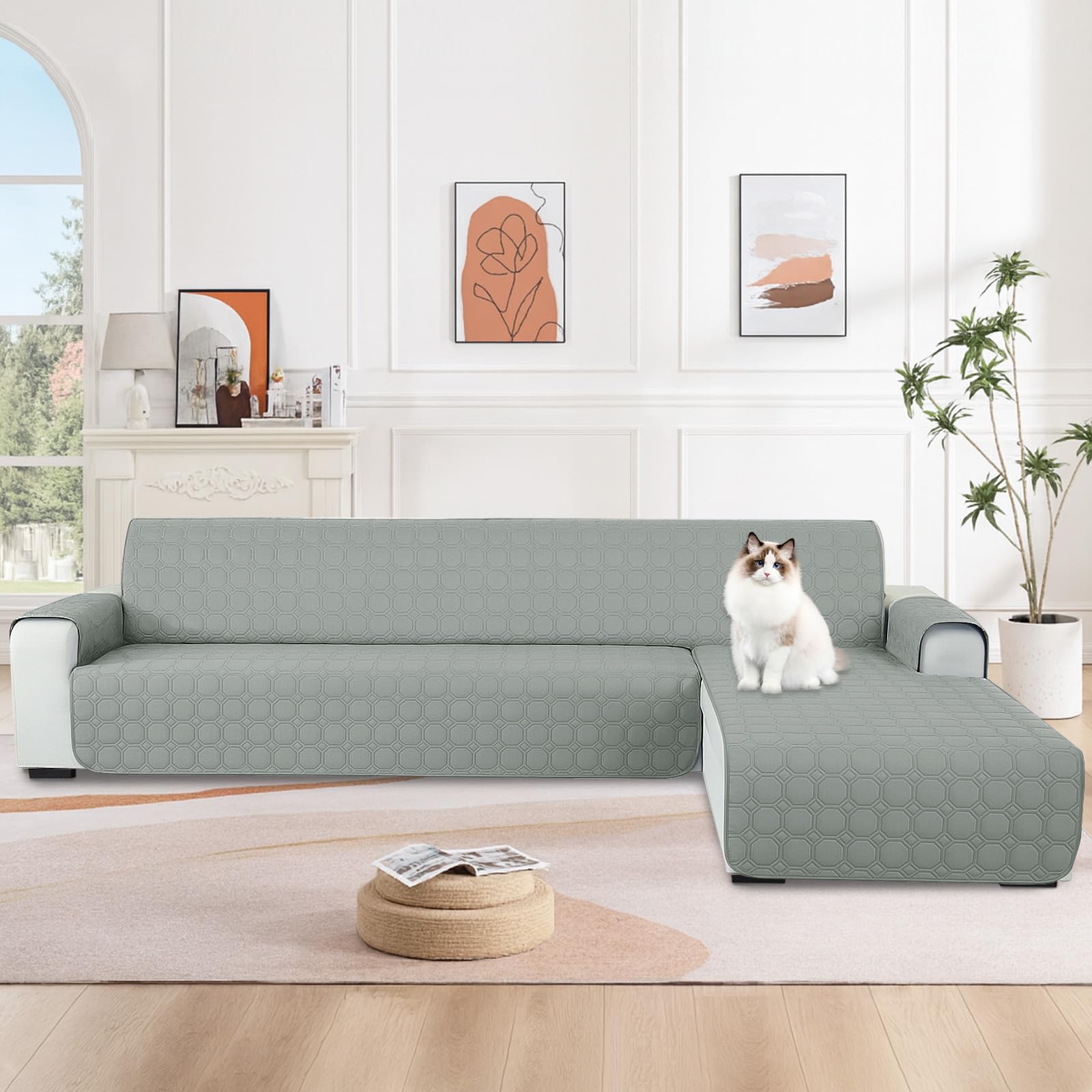 Ystyle Copridivano Impermeabile con Penisola 3 Posti (L 250 CM), Copridivano Angolare Destra/Sinistra Universale Reversibile, Copridivano Chaise Longue AntiGraffio Antimacchia, Grigio Chiaro