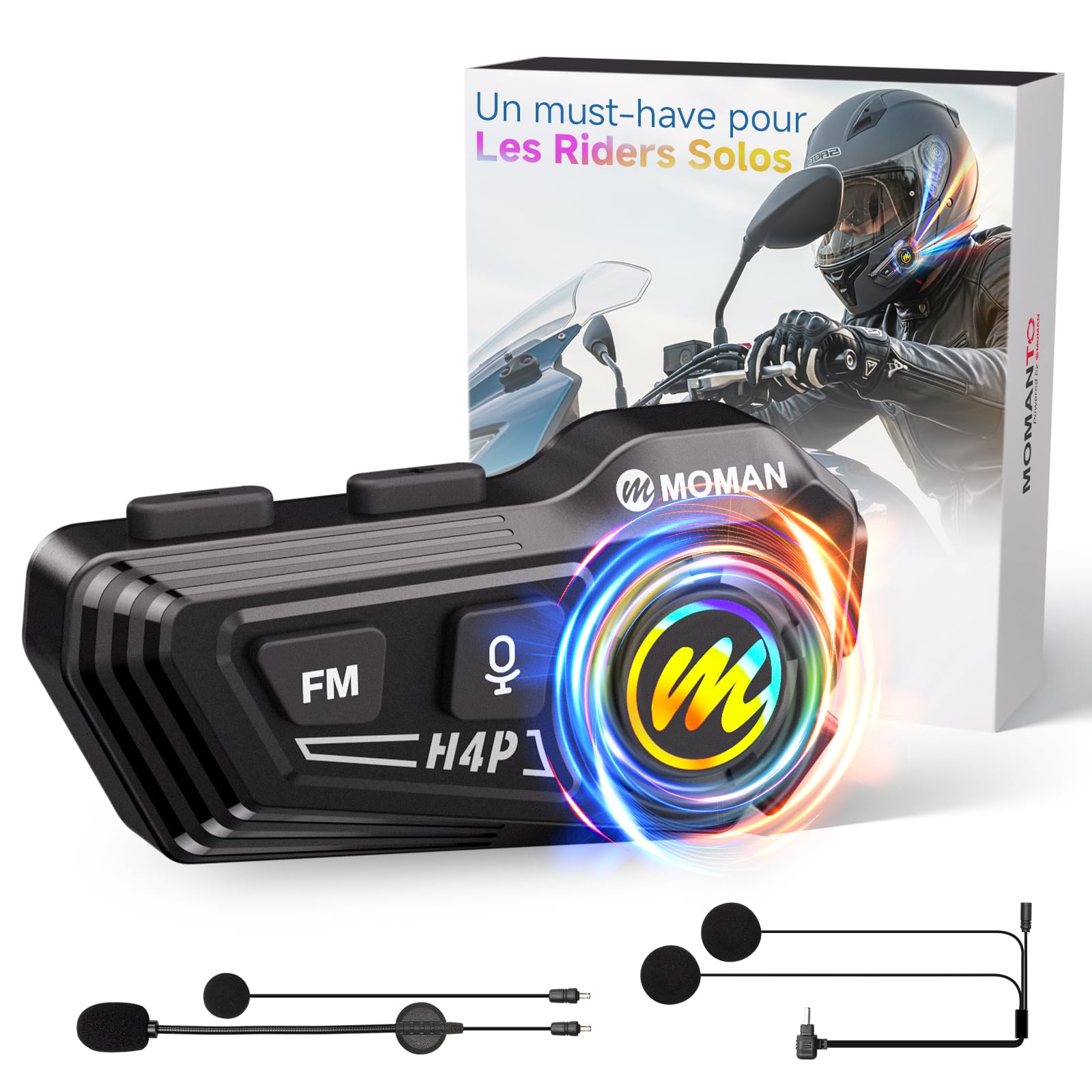 Moman Écouteurs Casque Moto-1000mAh Batterie, RS-H4P Kit Main Libre Moto avec HiFi Haut Parleur Micro Soft/Hard Double Réduction du Bruit RGB/Radio FM/AI Commande Vocale Étanche IPX6