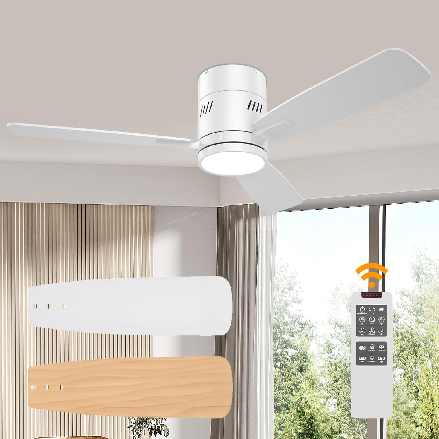 Ventilador de Techo con Luz y Mando 107cm(42"), Ventilador Techo Bajo Perfil 23cm, Motor DC Silencioso 30W, 6 Velocidades, 6CCT Regulable, Función Memoria, Temporizador, Invierno/Verano, Blanco/Madera
