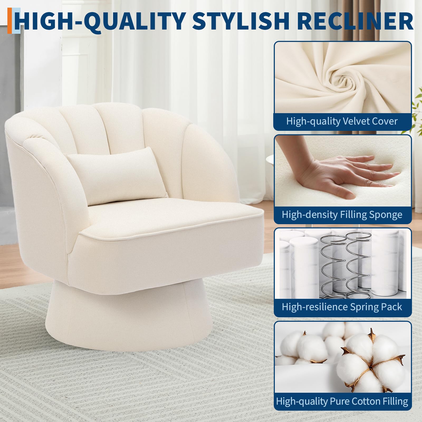 Garvee Bequemer 360° drehbarer Lounge Sessel aus Samt – Moderner runder Akzentstuhl mit Armlehnen – Barrel Club Chair für Wohnzimmer, Schlafzimmer, Lesebereich, Büro – Samt | Beige