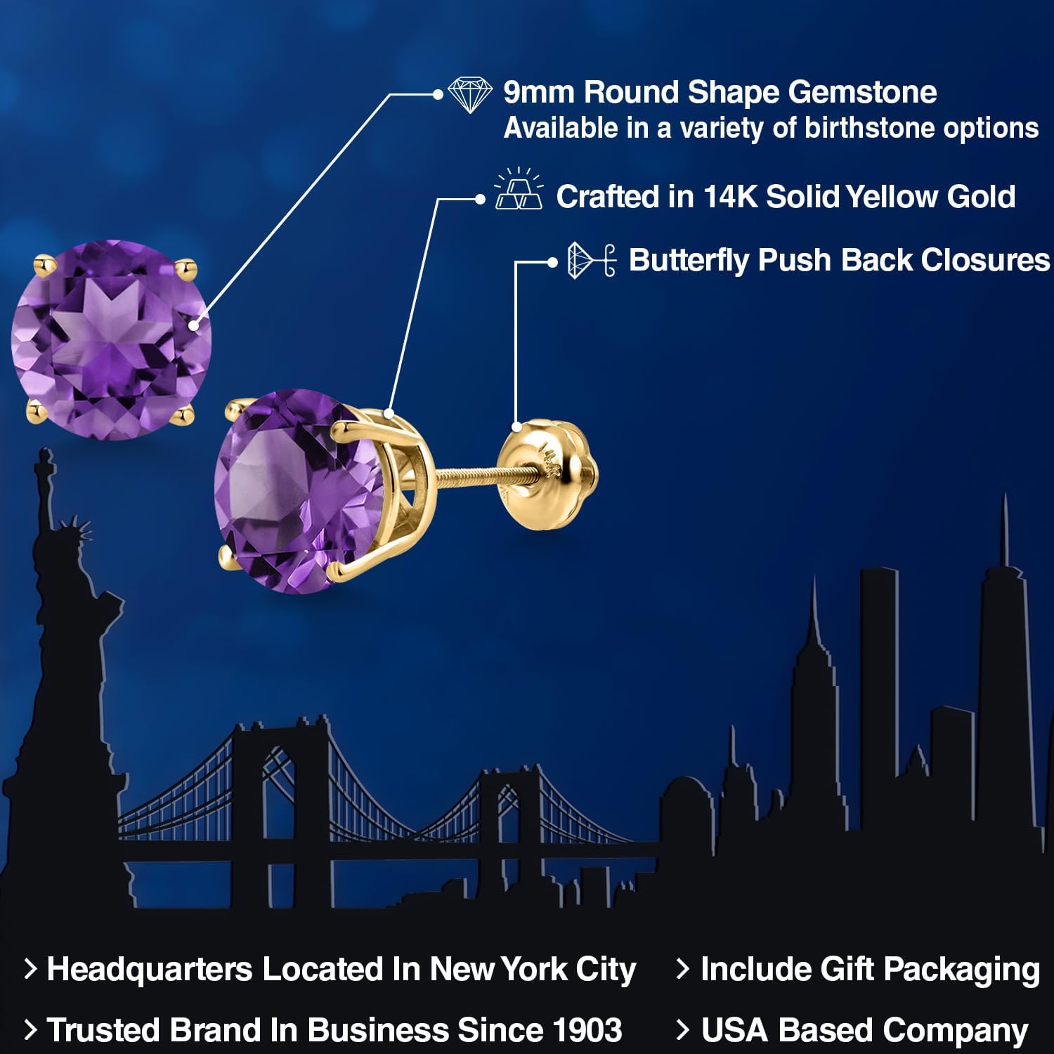 Gem Stone King 14K Yellow Gold Purple Amethyst Stud Earrings for Women | 4.20 Cttw | Gemstone February Birthstone | Round 9MM - Image 2