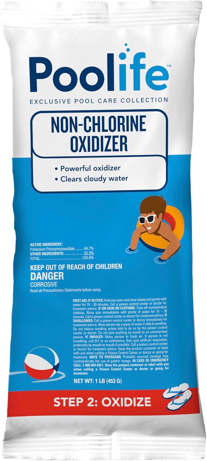 Poolife Non-Chlorine Oxidizer - Chlorine Free Oxidizing Shock Reduces Contaminants & Odors Fast-Acting Pool Shock Powder for Immediate Swim - Safe for Bromine Systems - (1 Lb, 24 Pack)