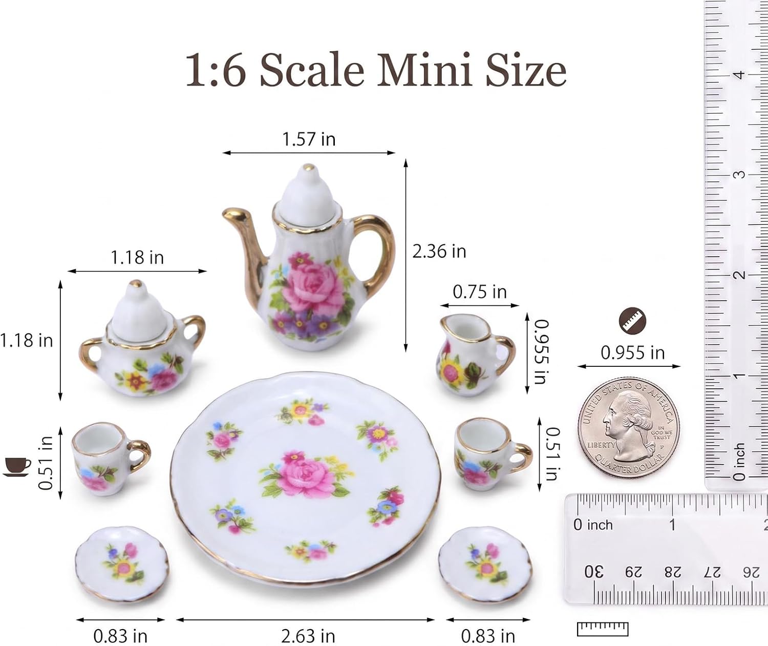 Miniature Tea Set 1/6 Scale Dollhouse Accessories Porcelain, Pink image 5