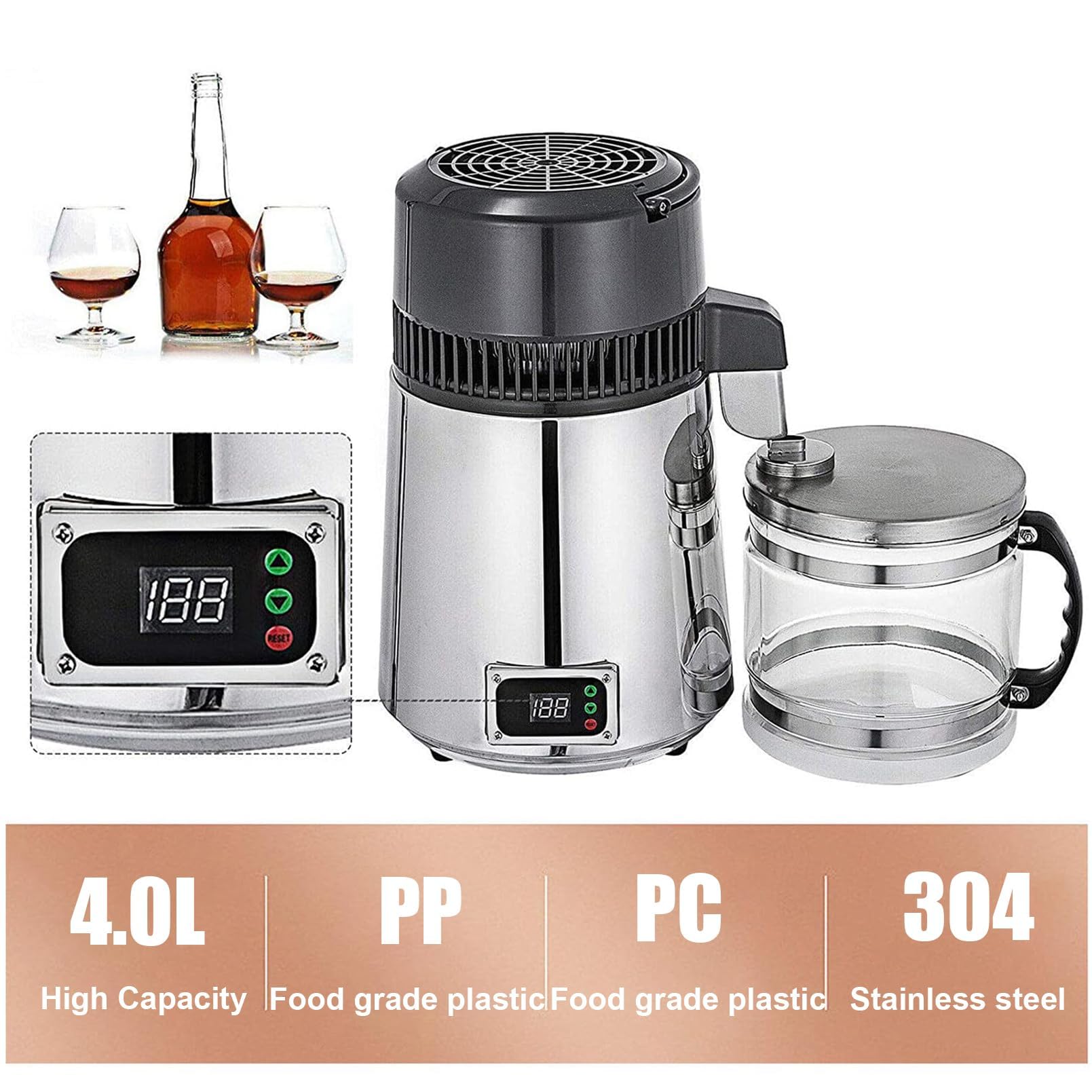Destilador de agua pura con cubo de tapa de vidrio, máquina de agua destilada de 750 W 4 L, revestimiento de acero inoxidable 304 Therm Lock purificador de agua eléctrico botón de pantalla silver