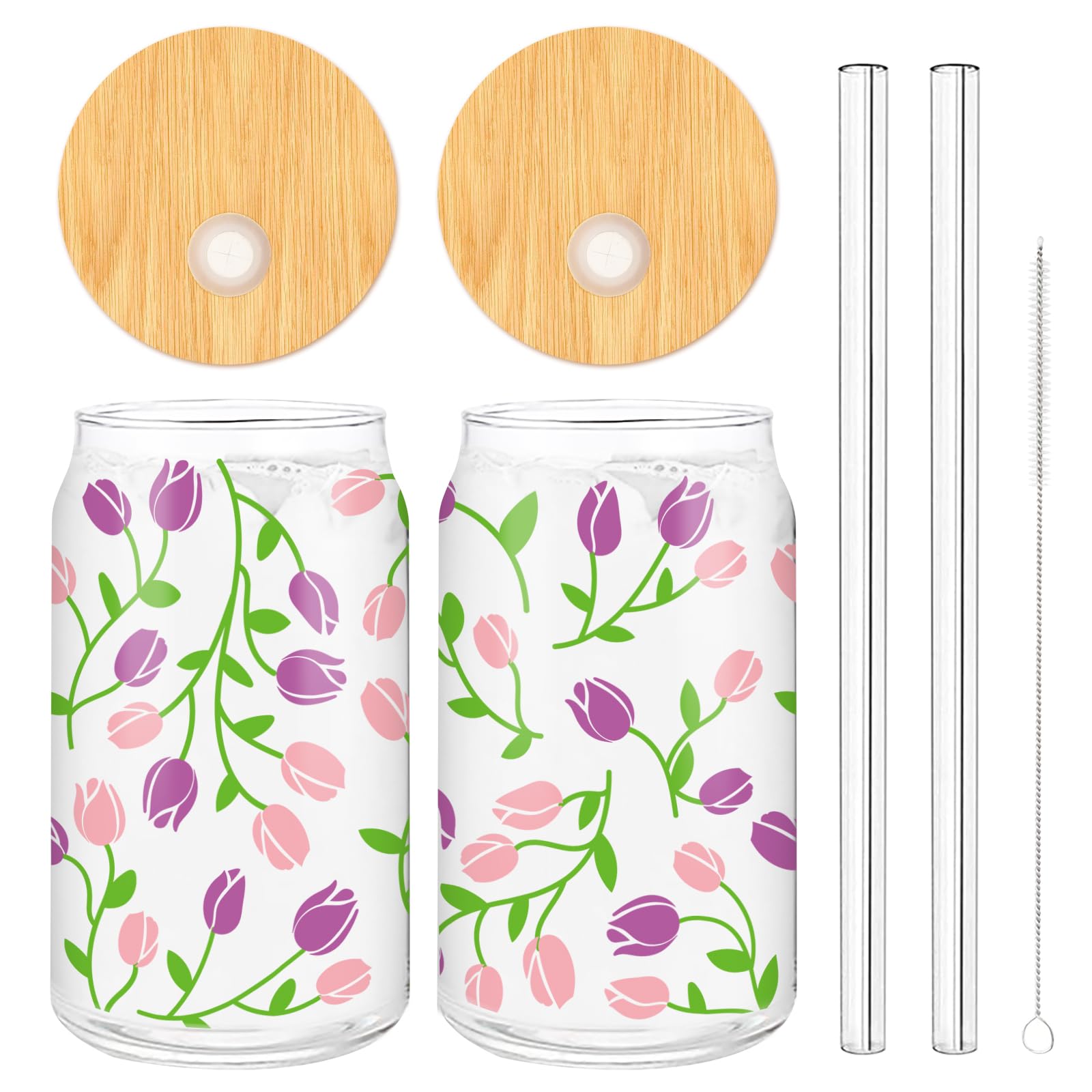 Verres tulipe rose et violet avec couvercle et paille | Lot de 2 tasses à café glacé 473 ml