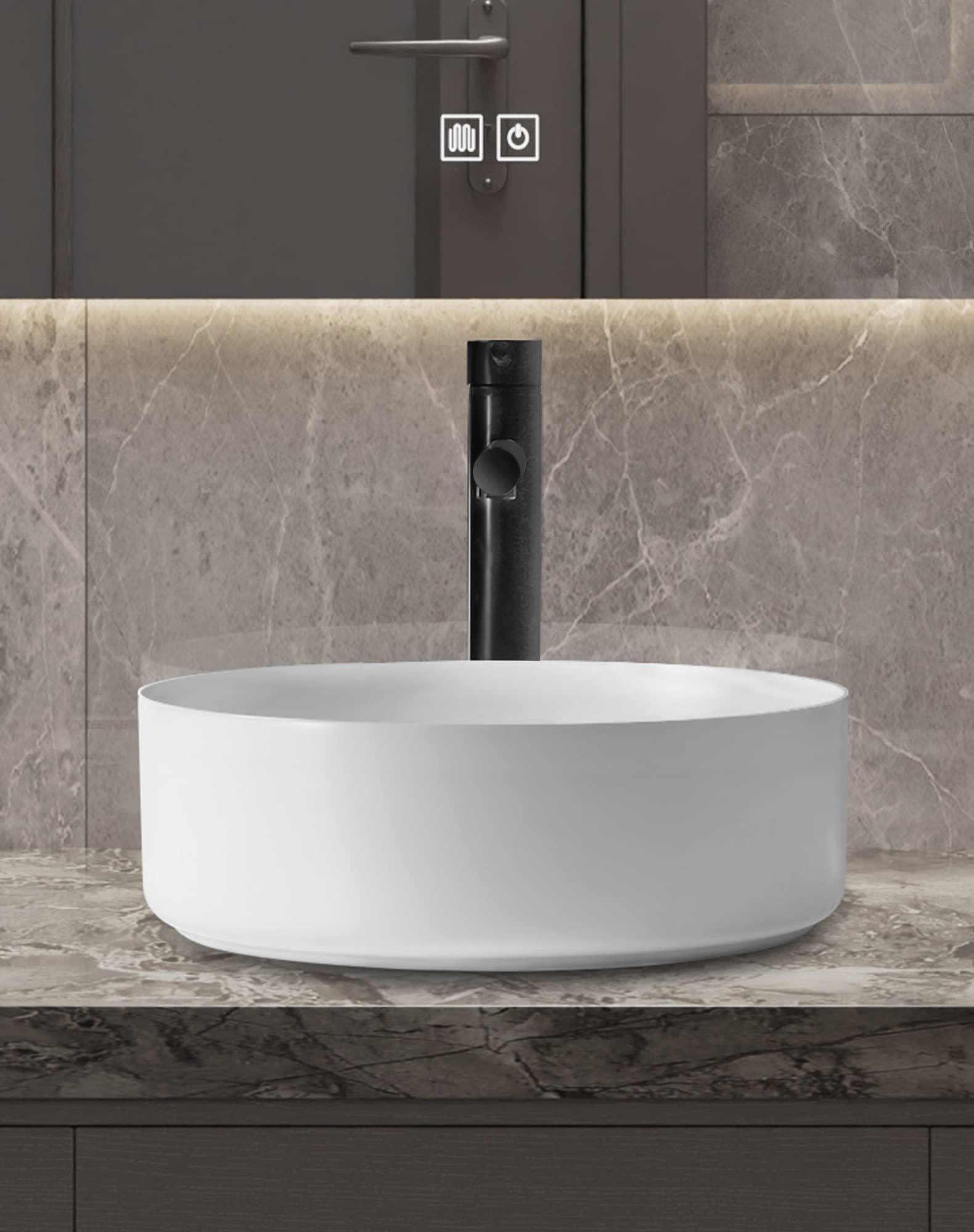 Bathroom Vessel Sink Set - SENTANI 14.4" Ceramic Vessel Sink Basin with Faucet Pop Up Drain - Modern Round Above Counter Vanity Bowl - Matte White
