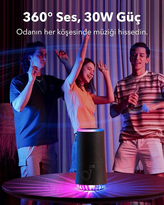 Soundcore by Anker، Glow 30W، 30W 360° Audio، ضوء مشع متزامن، وقت تشغيل 18 ساعة، معادل قابل للتخصيص، عرض ضوئي، IP67 مقاوم للماء، مكبر صوت محمول Soundcore Glow، أزرق
