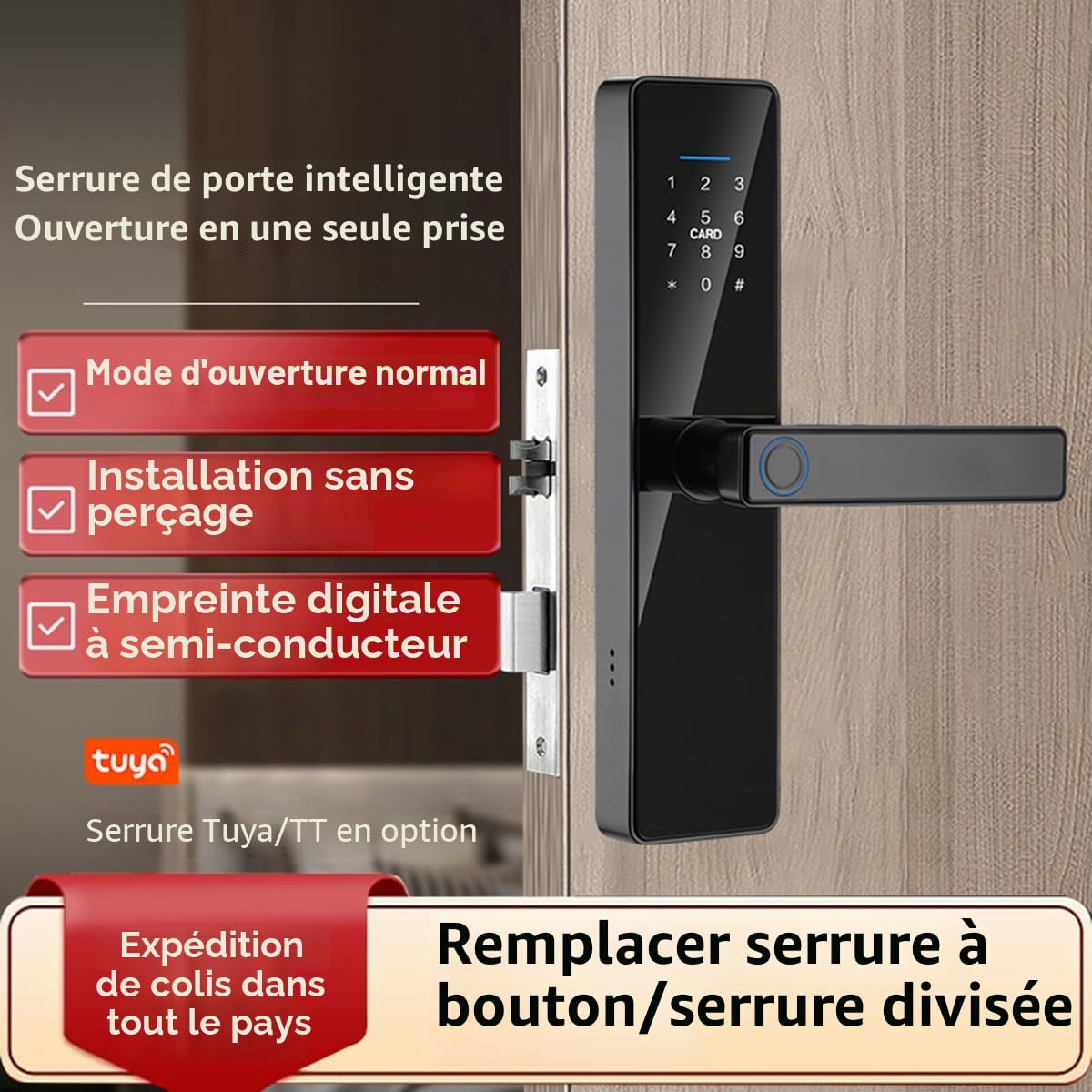 Smart Lock Serrure de porte à empreinte digitale avec écran tactile et déverrouillage du code de passe Noir