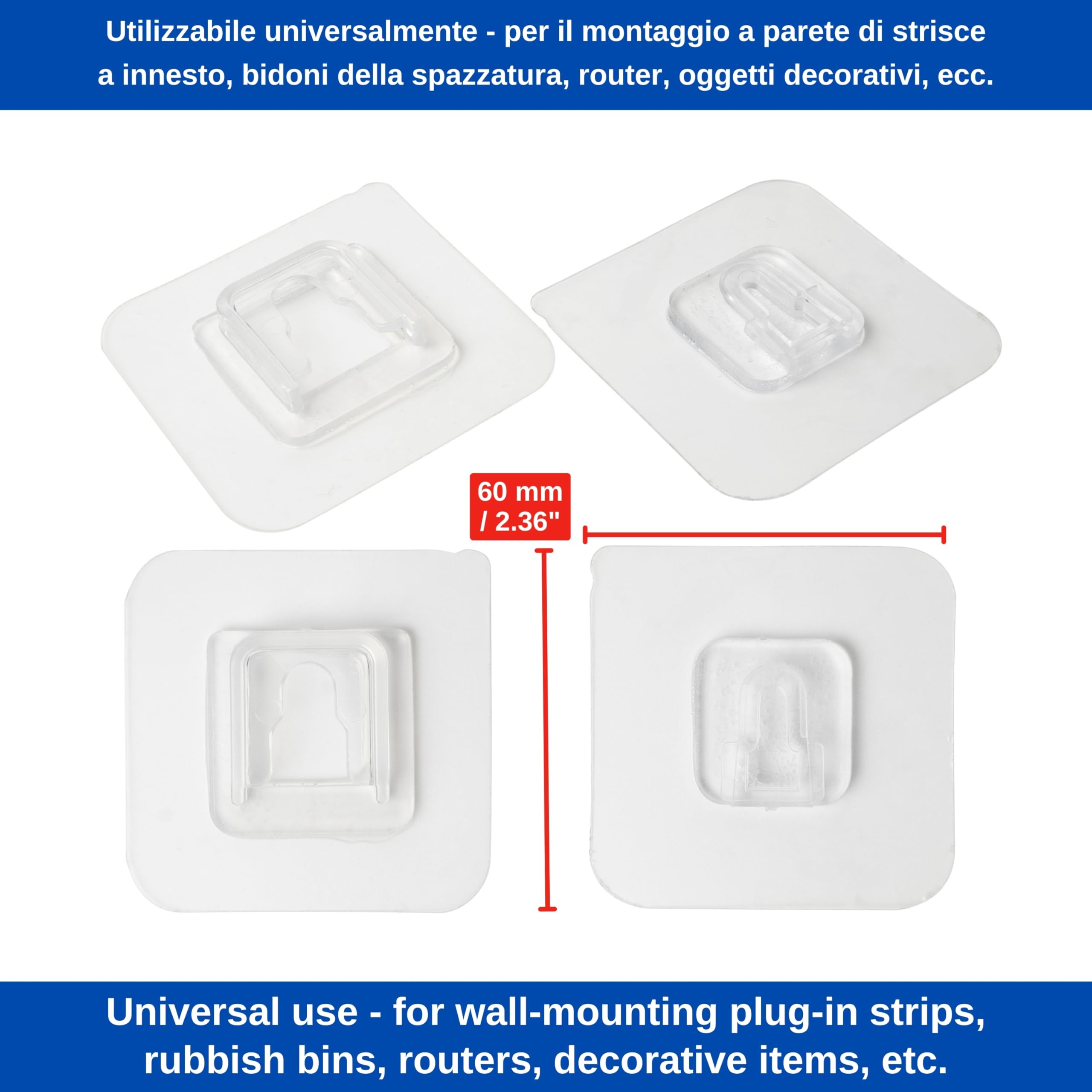 Ganci Adesivi Trasparenti, 16 coppi, 60 x 60 mm, Gancio multiuso per aderire a porte e pareti in bagni, cucine, garage, decorazioni, portasciugamani autoadesivo, Ganci adesivi parete, gancio fissaggio