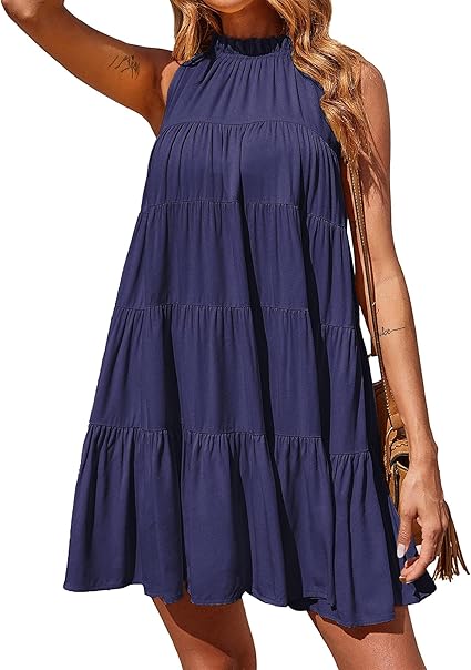 Okiwam Womens Summer Halter Dresses Sleeveless A Line Tiered Swing Mini 2025 Fall Casual Boho Beach Vacation Sundress