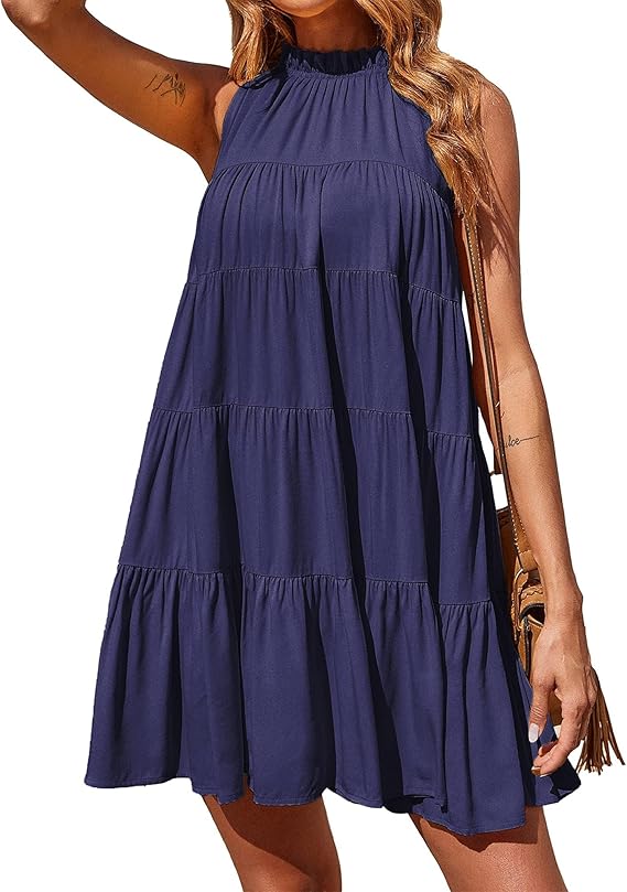Okiwam Womens Summer Halter Dresses Sleeveless A Line Tiered Swing Mini 2025 Fall Casual Boho Beach Vacation Sundress