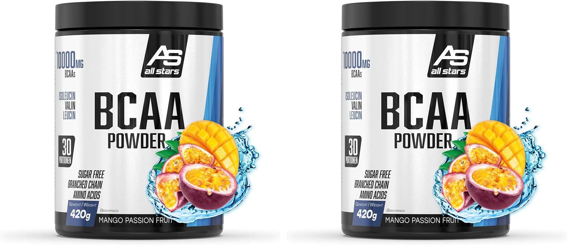 ALL STARS BCAA Powder 420g Passion Fruit - BCAA Pulver vegan und zuckerfrei, Enthält 5000mg Leucin, 2500mg Valin und 2500mg Isoleucin, Aminosäuren Komplex hochdosiert (Packung mit 2)