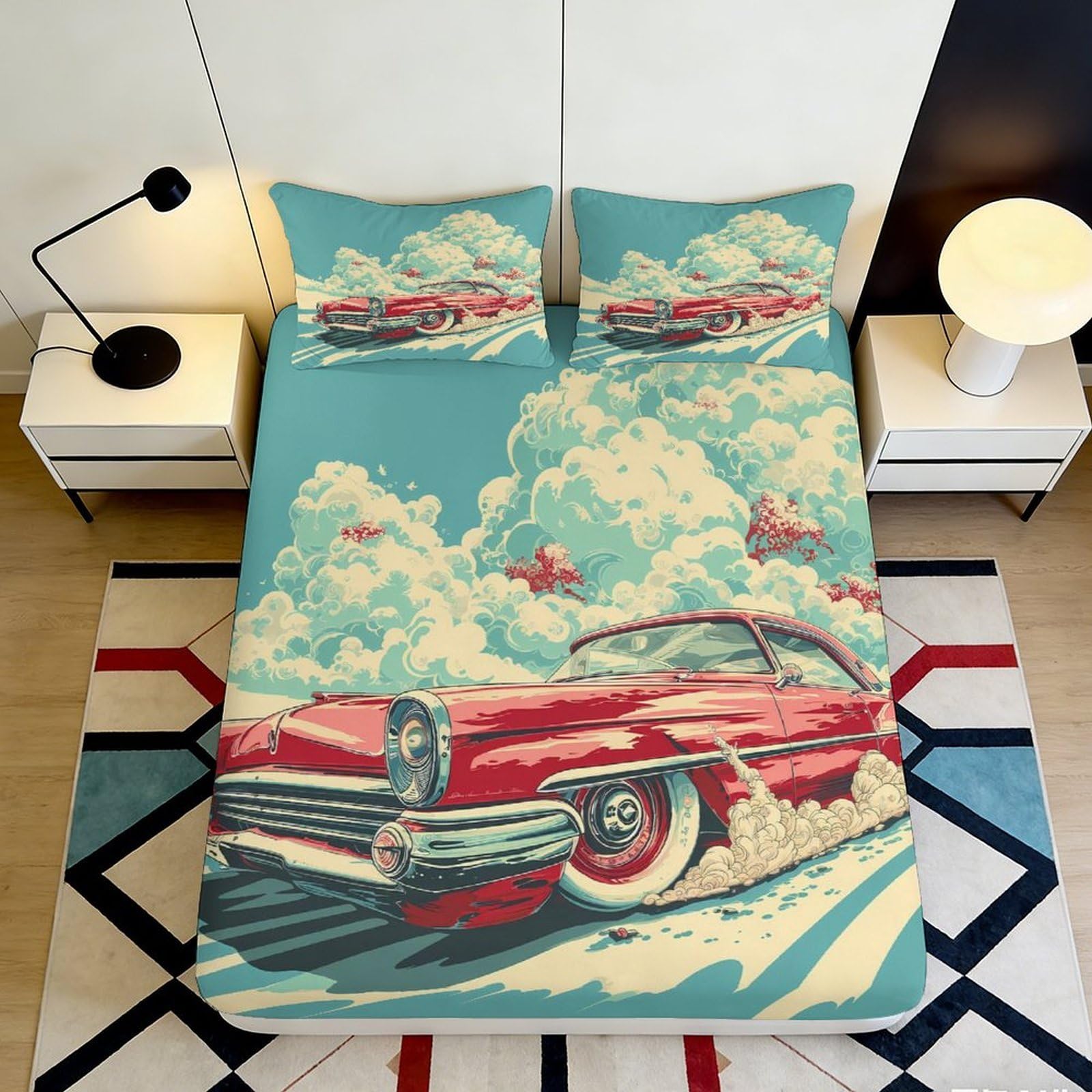K1r3d9e5 Style-7 3D Printed Vintage Car Fitted Sheet Microfiber Soft Breathable Retro Clouds Mattress Cover For Bedroom Dorm Decor 90X200x25cm