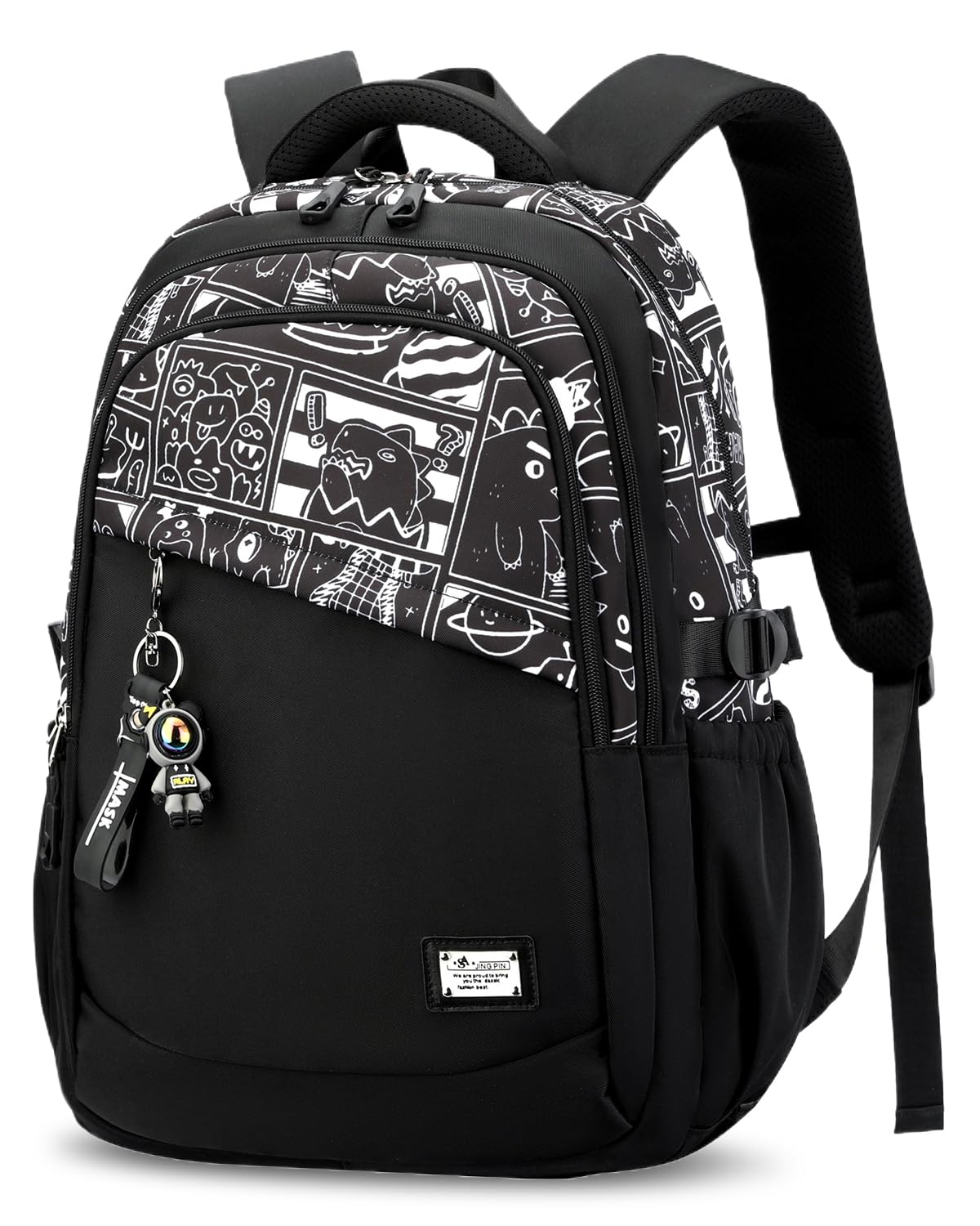 Sac à Dos pour Garçons Adolescents, Grand Cartable Noir pour le Lycée avec Imprimé Graffiti, Sac College Garcon Décontracté et Imperméable pour les Voyages