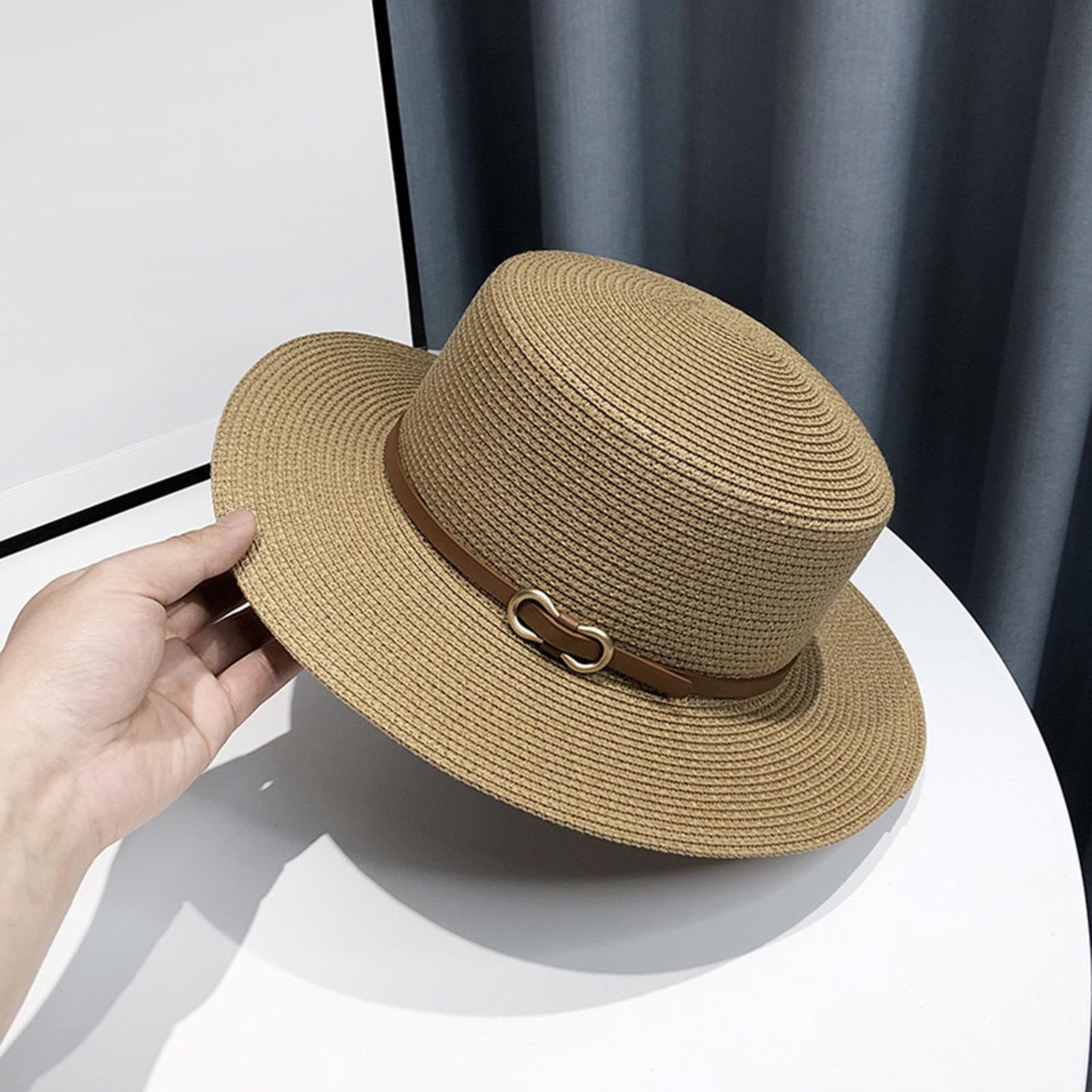 Cappello Panama per uomo e donna, a tesa larga, con parte superiore piatta, stile francese, con fibbia in finta pelle, protezione UV, cappello da spiaggia