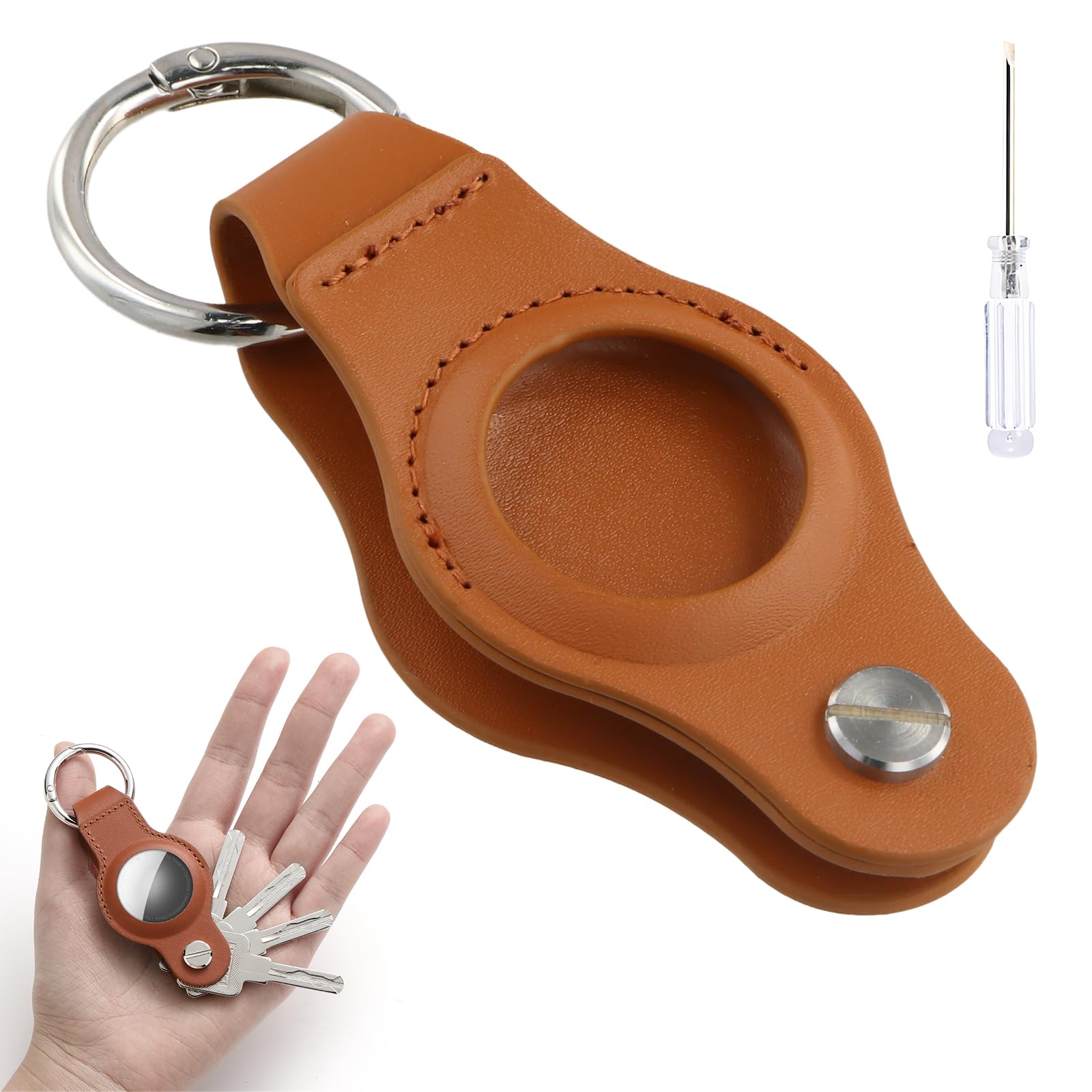 AnseomAnseomAir Tag Holder Leather Key Organiser and Case Car Keyring with Airtag Holder Compact Leather Key Case for Car Key Fob (Brown)