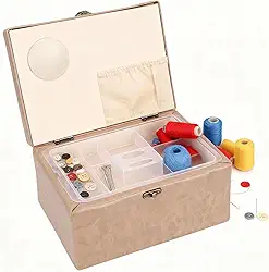 Cesta de Costura, Caixa de Armazenamento de Kit de Costura de Madeira de Couro Com Bandeja Removível e Almofada de Alfinetes, para Viagens de Escritório Em Casa