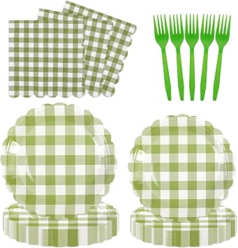 96Pcs Sage Green Gingham Party Supplies - 7&9 Inch Scalloped Paper Plates and Napkins Disposable Sage Green and White Plaid Party Decorations for Birthday Baby Shower Wedding,Serves 24