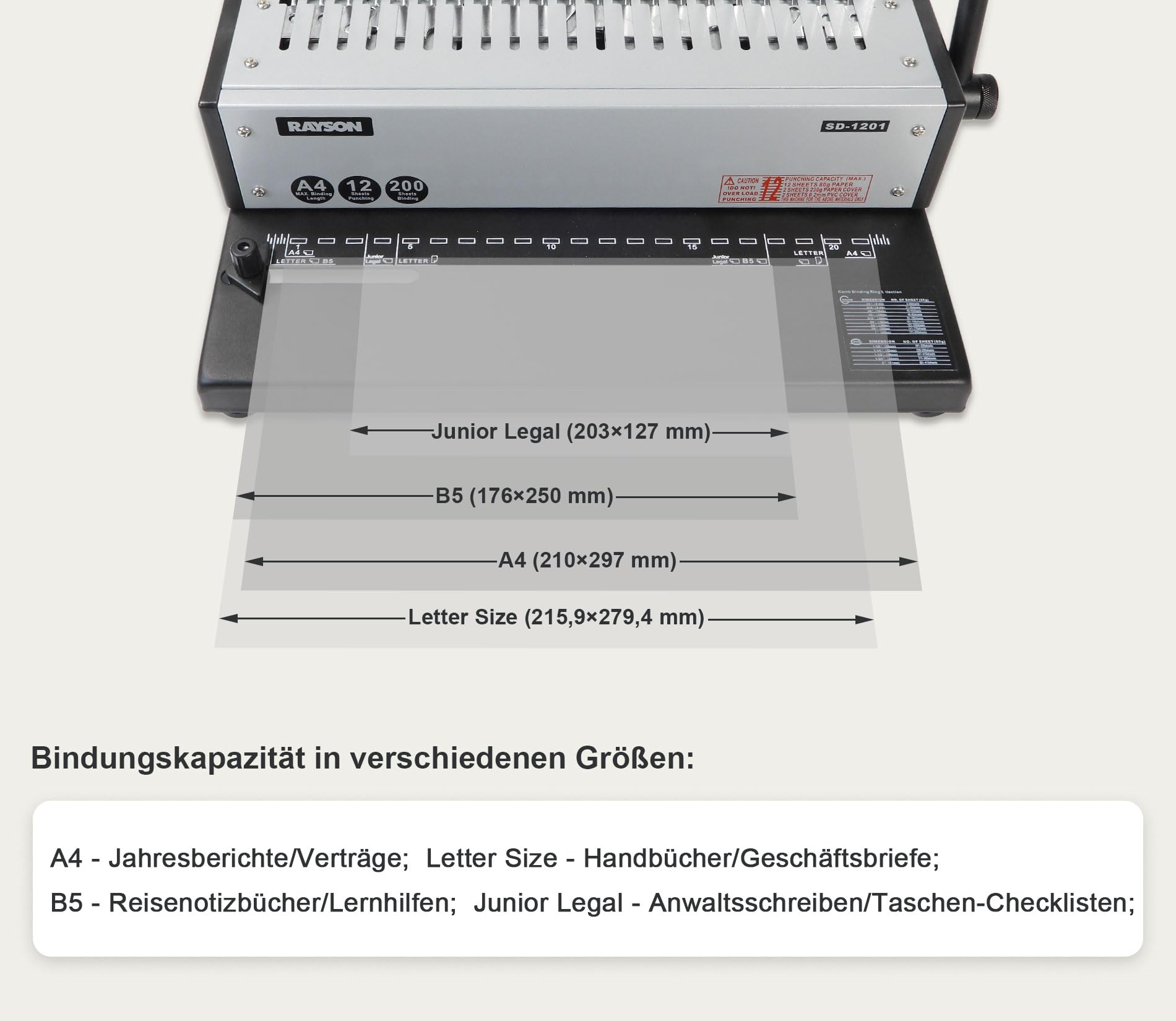 RAYSON Plastik-Bindekamm Bindegerät, 21 Löcher, Bindet 200 Blatt, SD-1201 | Robuste Metallkonstruktion, Kostenloses Bindematerial im Lieferumfang enthalten